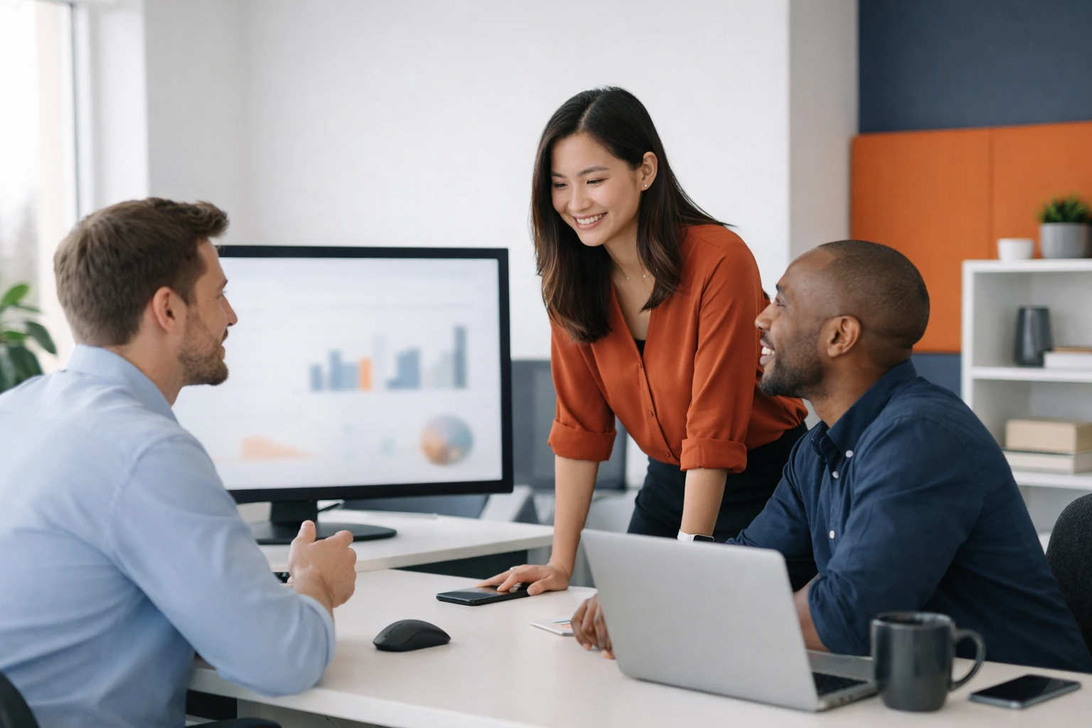 Business professionals in modern office reviewing website analytics on large monitor showing B2B conversion funnels and AI-powered lead scoring dashboard, professional lighting, technology-focused workspace