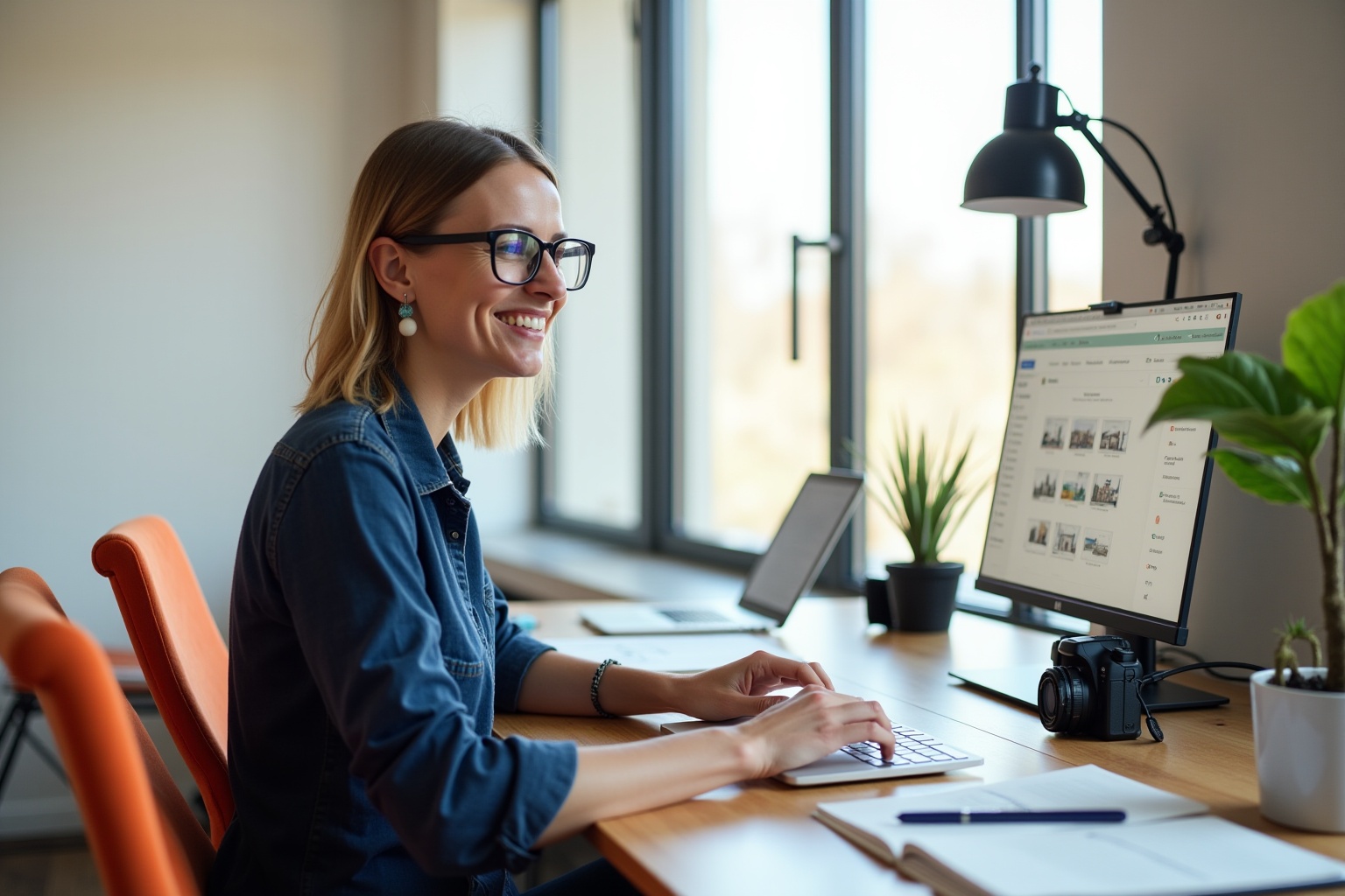 Smiling woman working at computer in modern office setting.