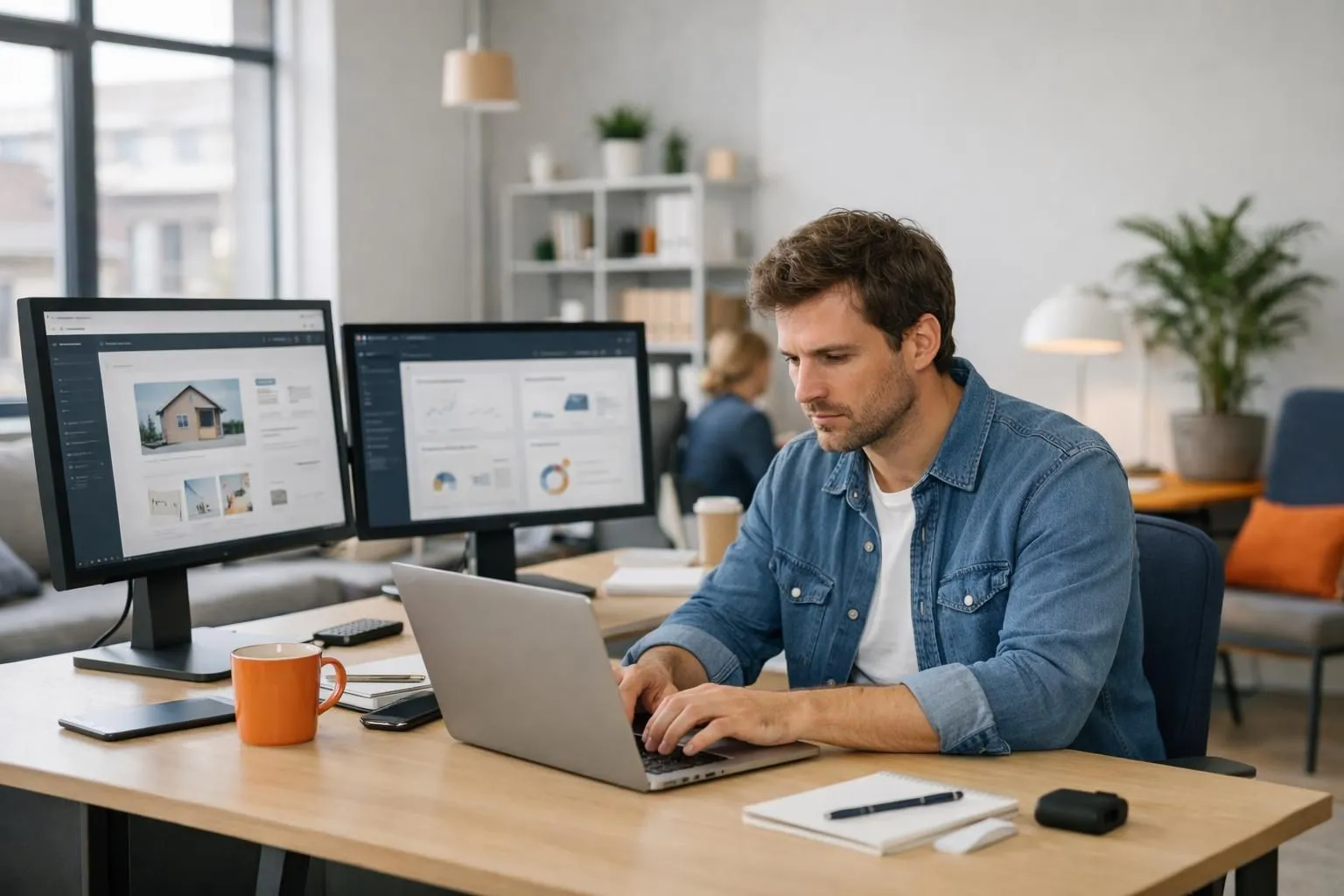 Entrepreneur working intensely on laptop with multiple screens showing website builder interface and product launch dashboard, modern startup office with natural lighting and collaborative workspace atmosphere