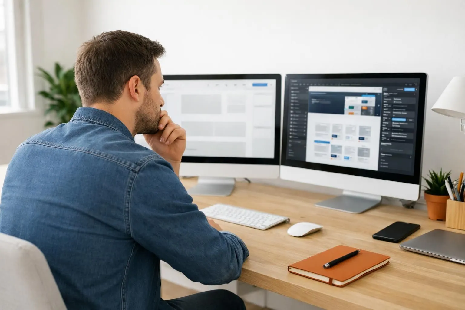Entrepreneur comparing website builder interfaces on dual monitors in modern startup office, with clean workspace showing decision-making process between simple and complex web development platforms