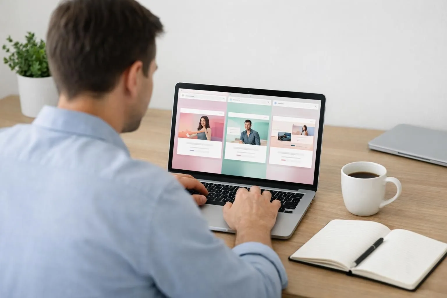 Professional entrepreneur reviewing multiple AI website builder platform interfaces on laptop screen in modern minimalist workspace with notebook and coffee, comparing features and capabilities for portfolio creation