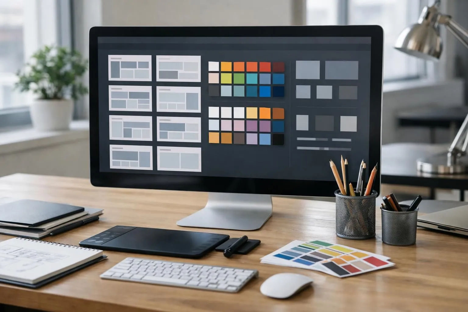 Professional designer working at clean desk with large monitor displaying website builder interface showing multiple layout thumbnails, color palette selector, and typography options, modern office environment with natural lighting