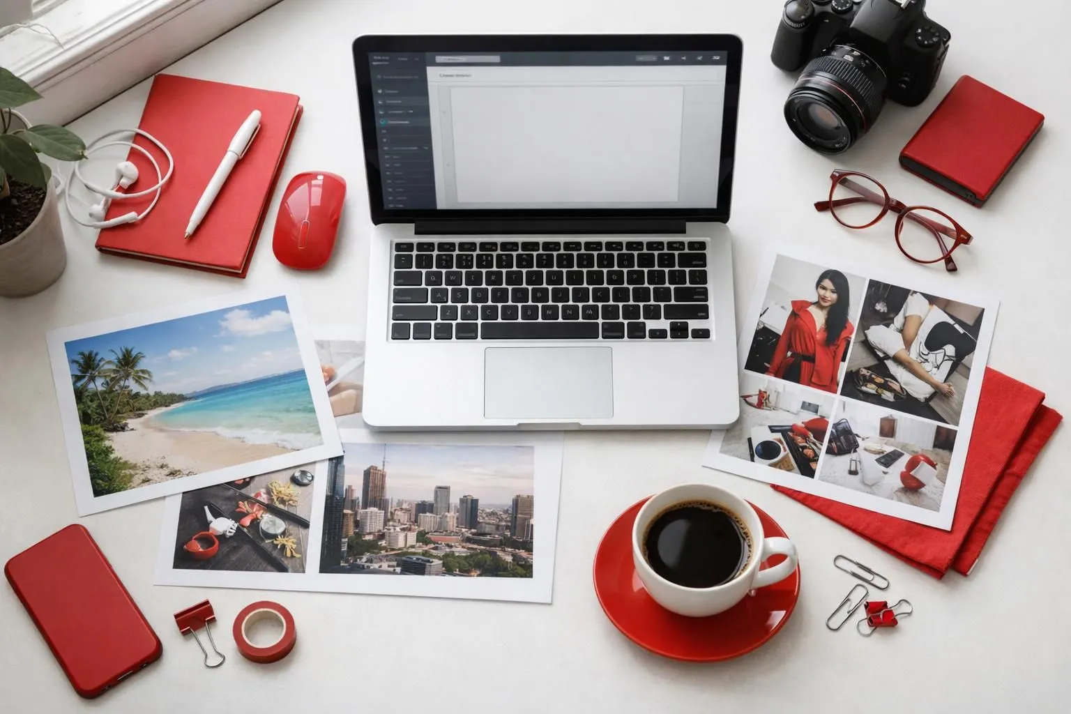 Professional freelancer working at modern desk with laptop displaying AI writing interface, portfolio pages visible on screen, coffee cup nearby, natural lighting from window, realistic photography style showing creative workspace with technology, no text or labels visible in image