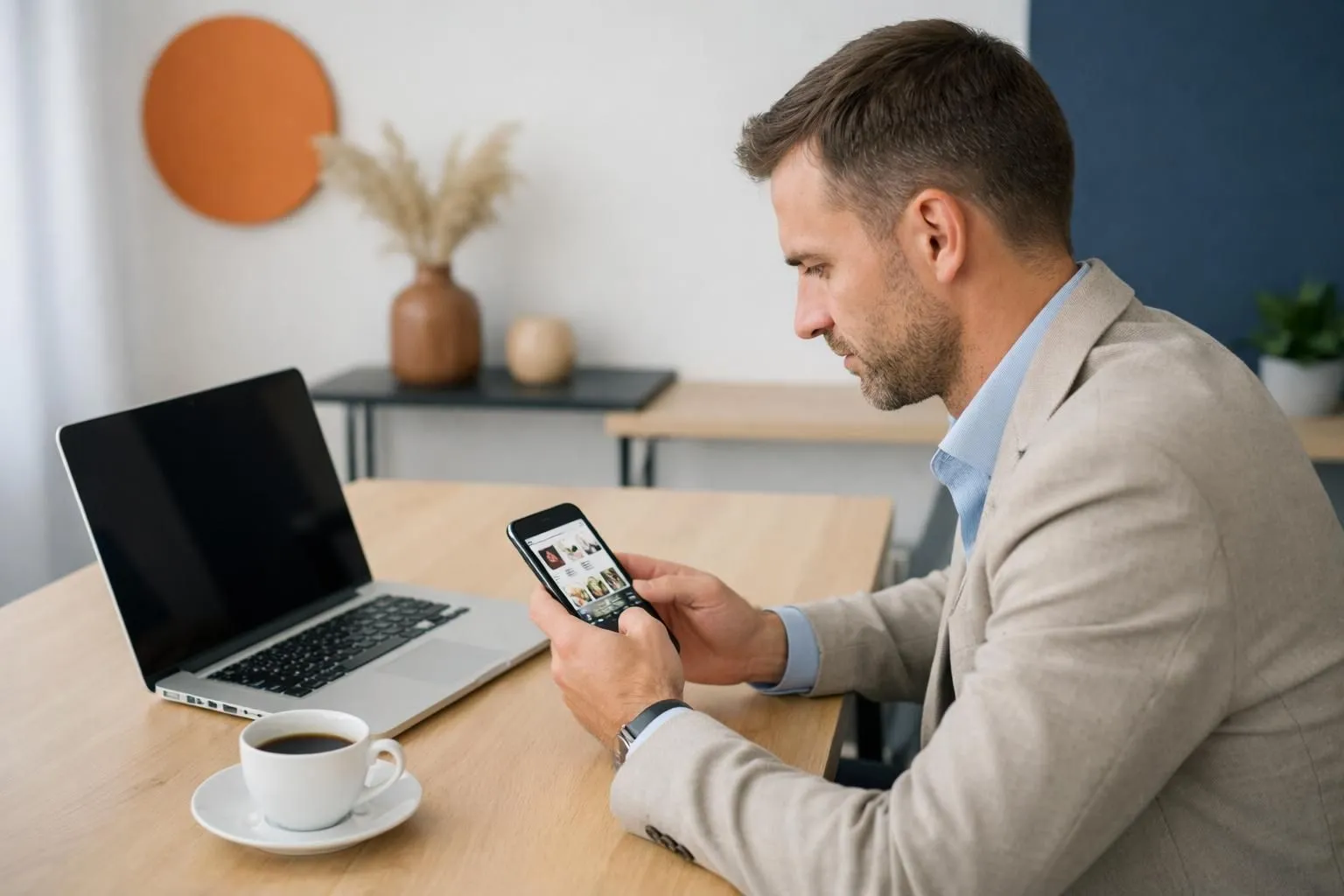 Modern entrepreneur holding smartphone displaying Instagram profile editor interface in minimalist office with laptop and coffee, natural lighting, professional creative workspace atmosphere