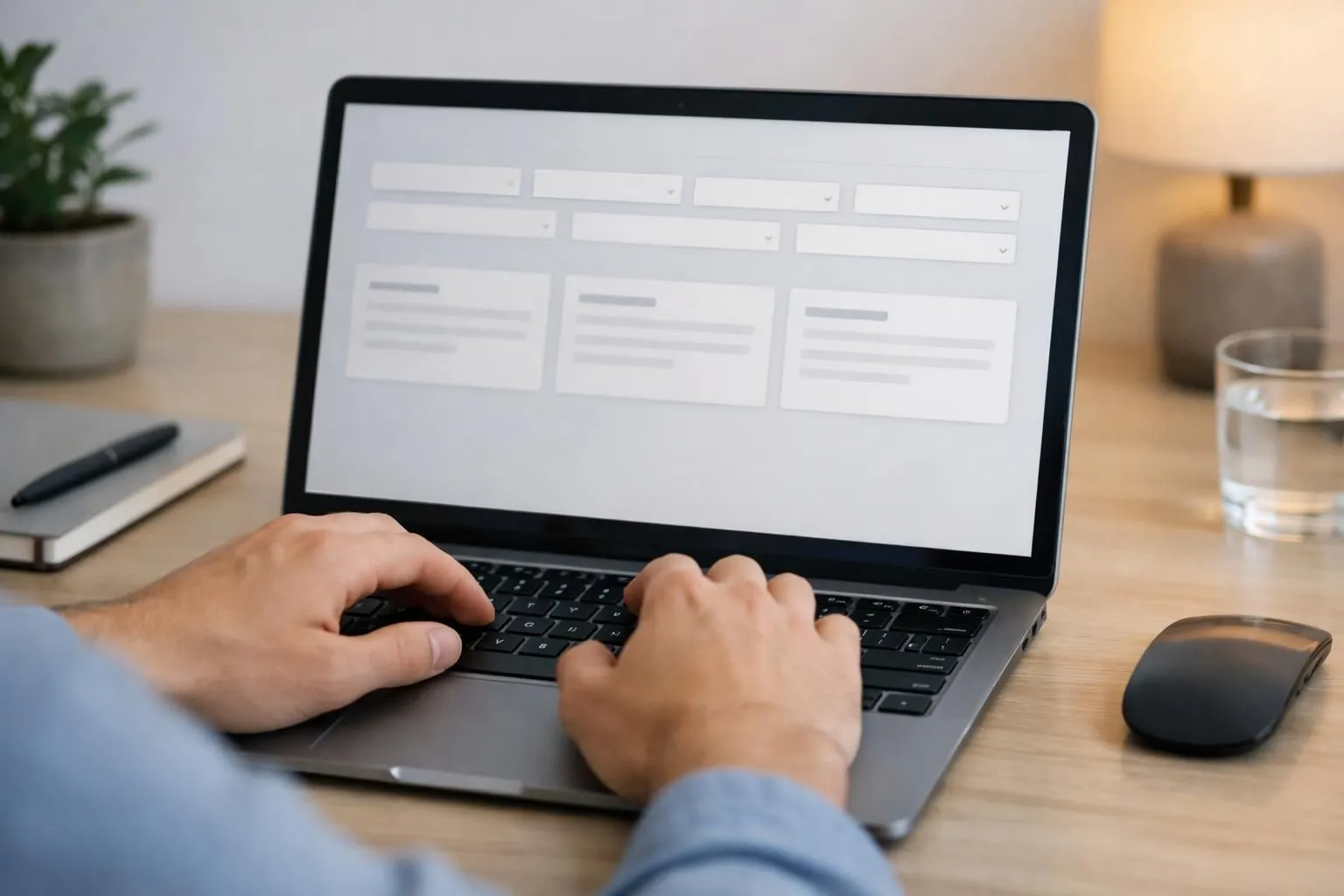 Close-up of hands typing on laptop keyboard with clean dashboard interface visible on screen showing input fields labeled role, industry, and tone selector with three generated bio previews displayed below in modern sans-serif font against white background with subtle gray highlights