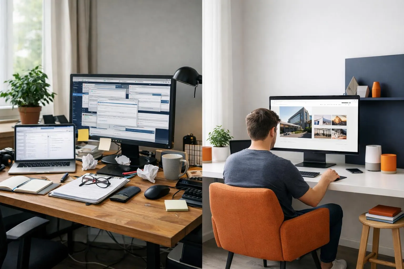 A split-screen view showing a frustrated entrepreneur at a cluttered desk with multiple WordPress setup tabs open on one side, contrasted with a relaxed business owner using a laptop with a clean, simple AI interface generating a professional WordPress website instantly on the other side, modern office environment with natural lighting