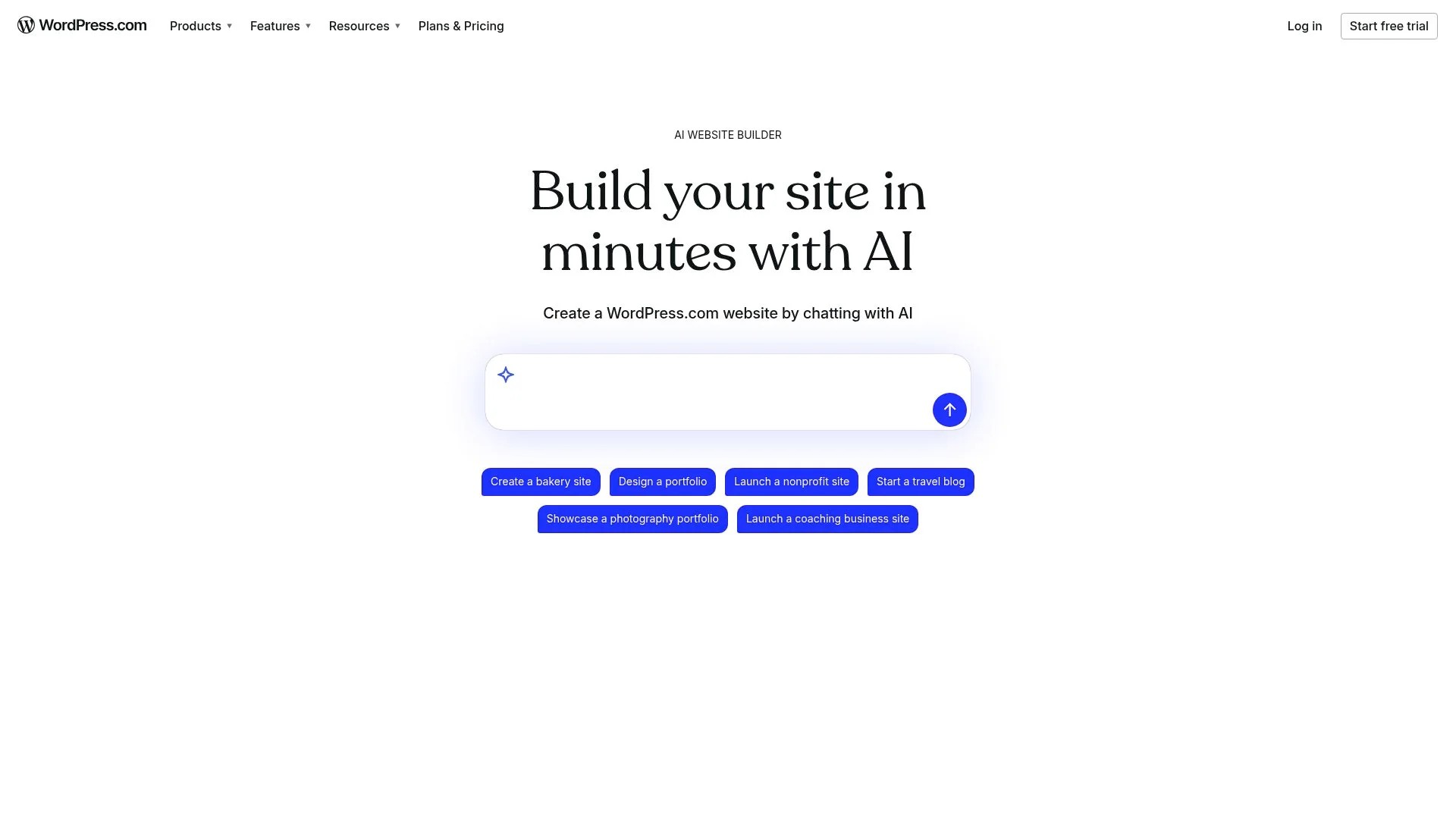 AI website builder with options to create various types of websites.