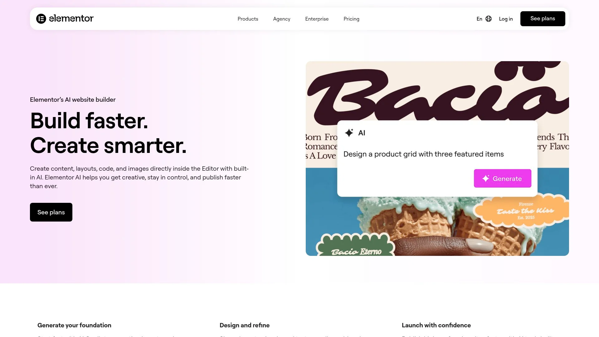 Elementor's AI website builder, featuring a product grid and "Bacia" branding.