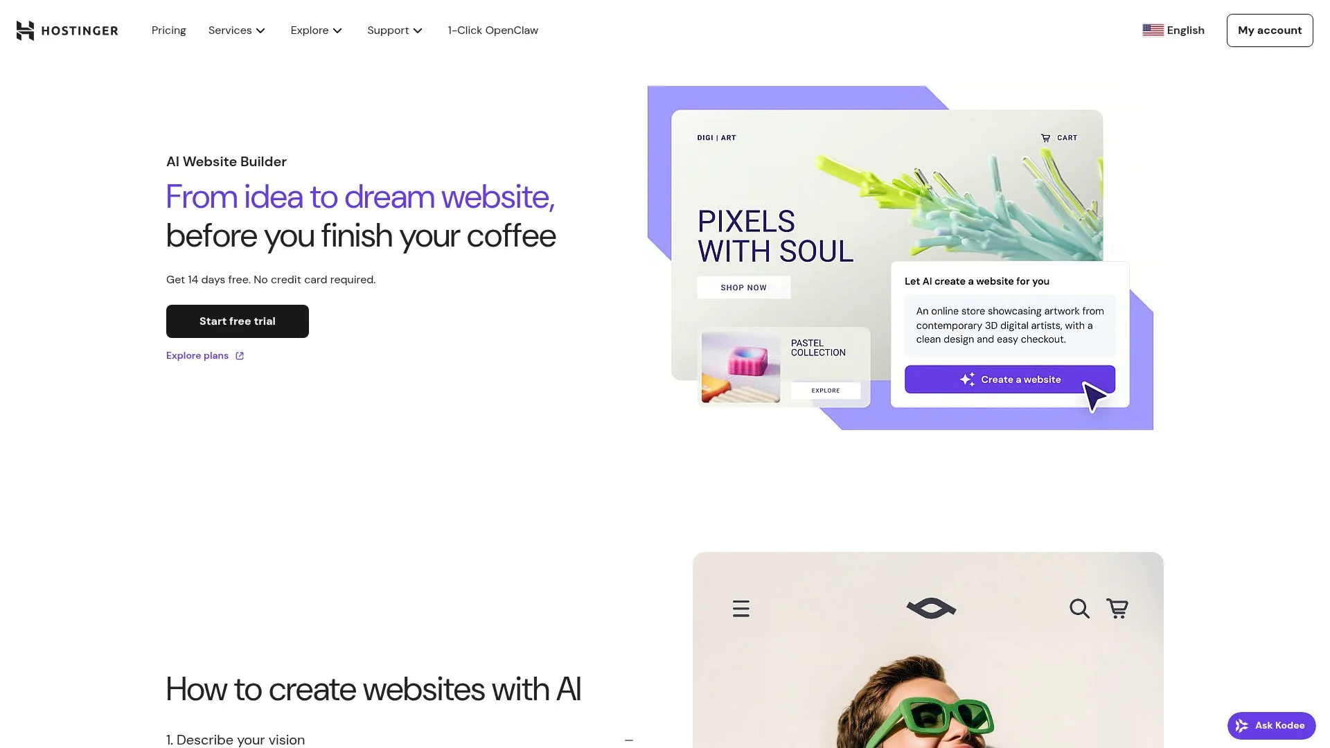AI-powered website builder, digital art showcase, clean design, easy checkout.