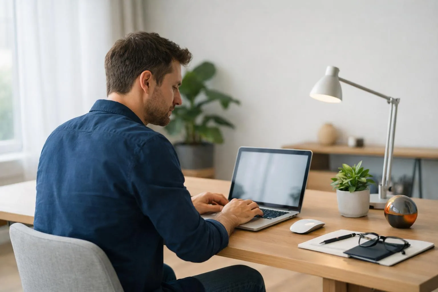 Entrepreneur at modern desk typing on laptop with translucent holographic AI interface projecting website wireframes and design elements floating in air, futuristic technology scene representing AI-powered website creation