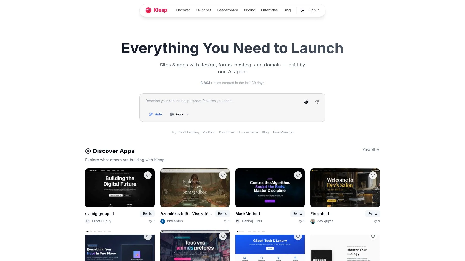 Klean website showcasing various website and app templates for launching businesses.
