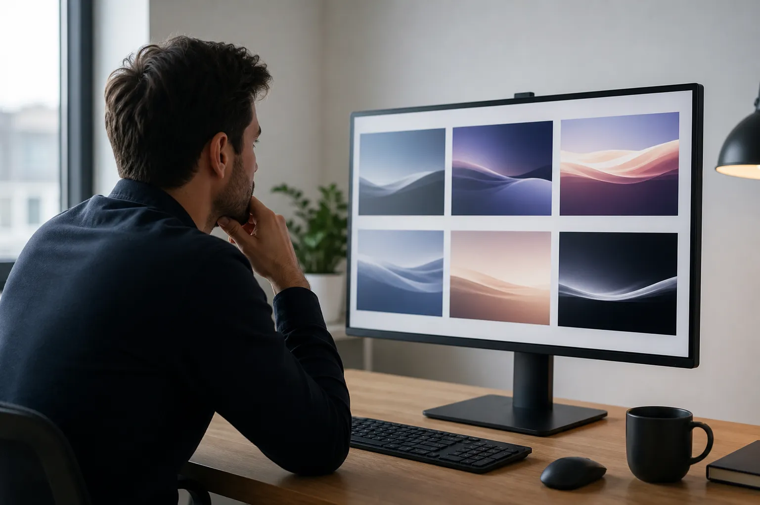 A person examining landscape images displayed on a computer monitor.