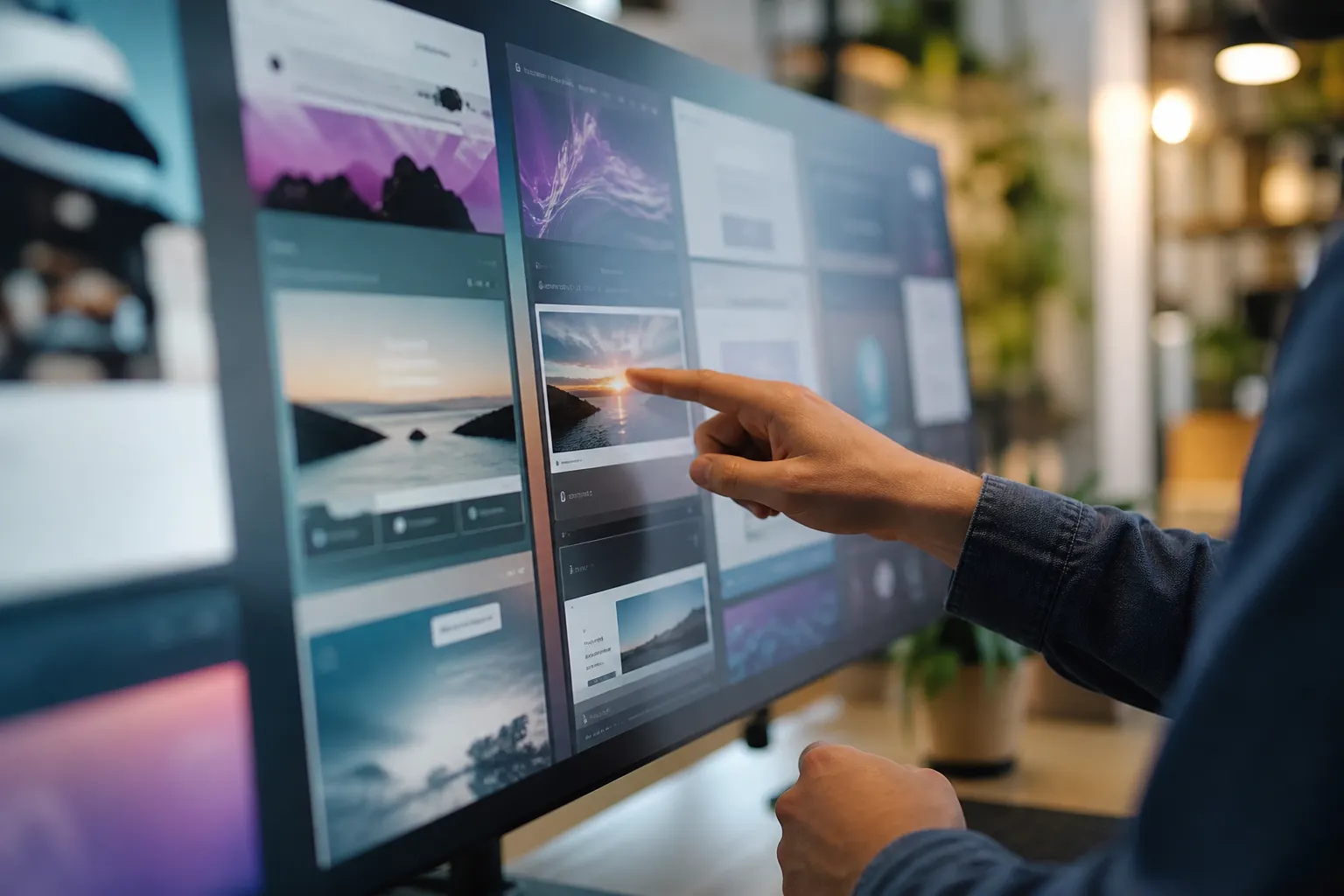 A person's hands interacting with a digital photo gallery display.