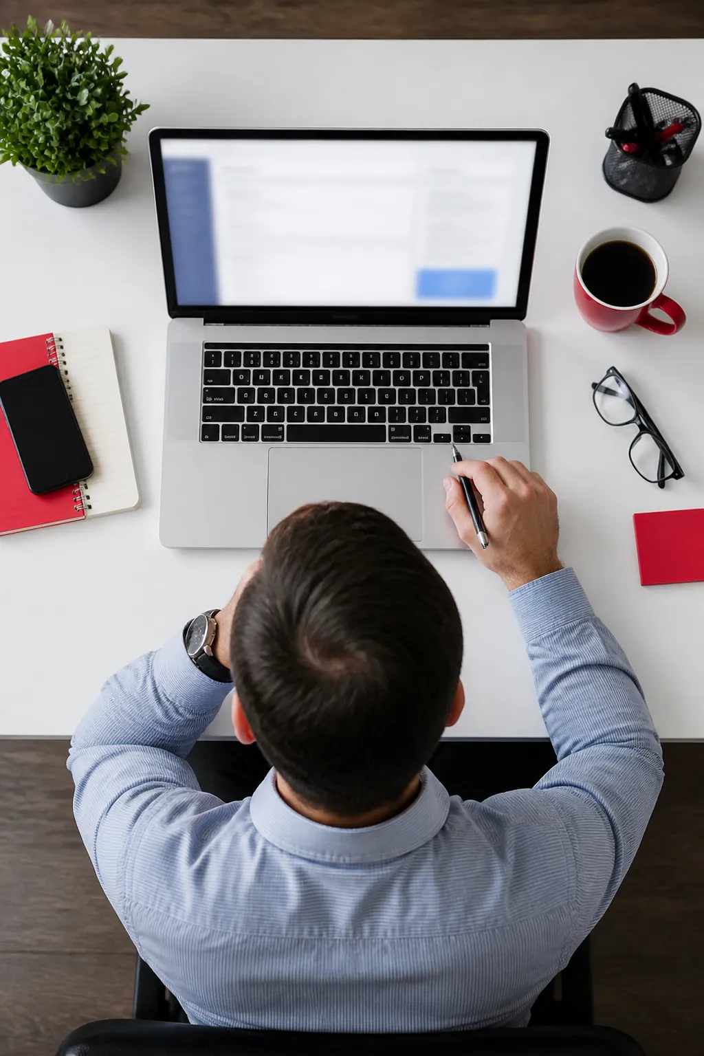 Person working on laptop, desk with office supplies, coffee mug.