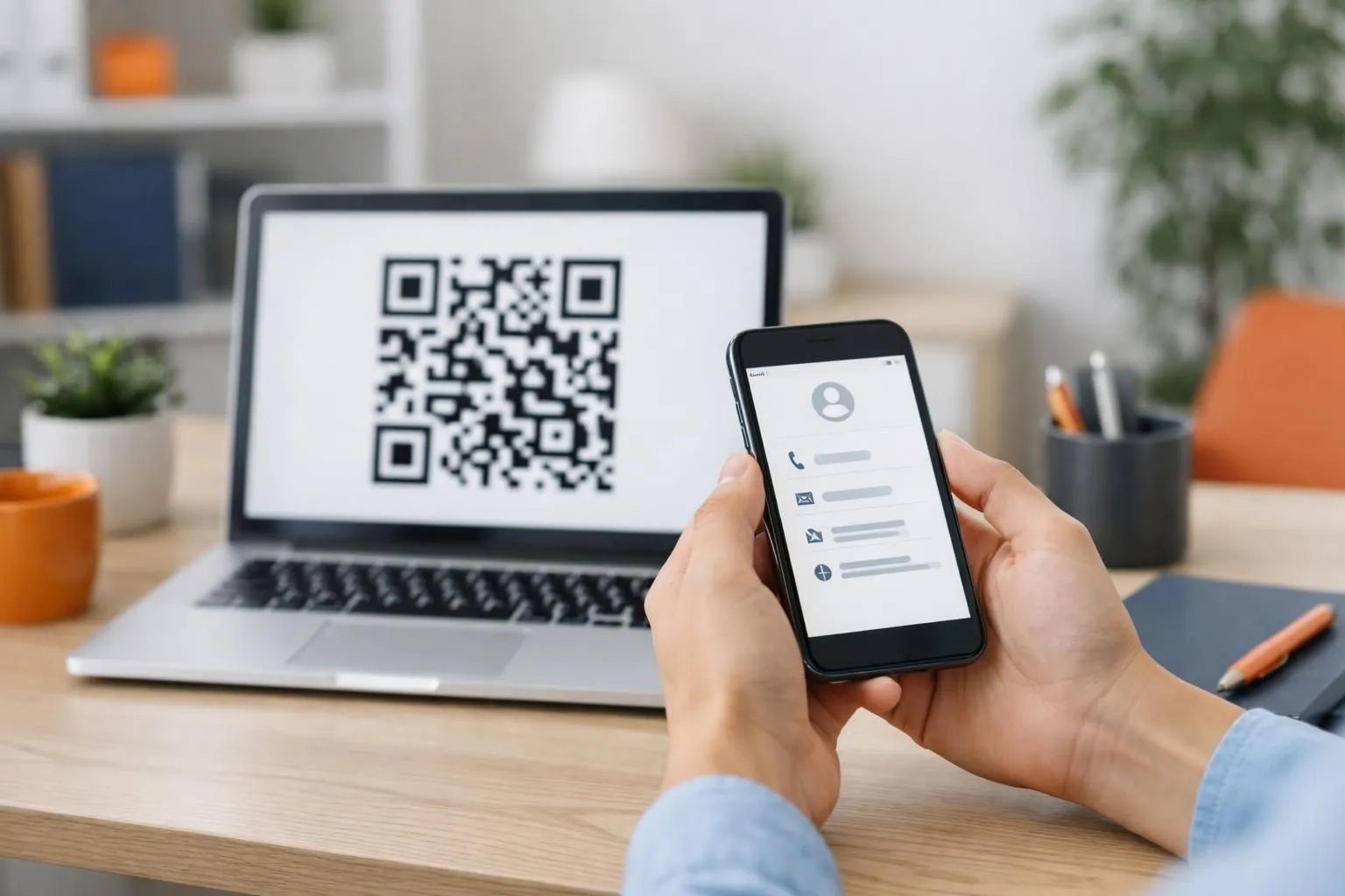 A modern smartphone scanning a QR code displayed on a laptop screen in a bright office environment, with contact information instantly appearing on the phone display, professional networking context