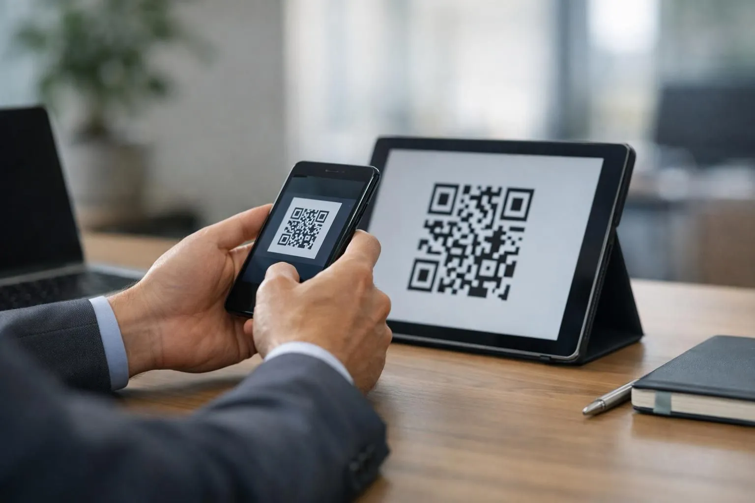 Professional hands using a smartphone to scan a QR code displayed on a tablet screen, with digital contact field icons (phone, email, location) floating holographically above the devices in a modern office setting with soft natural lighting