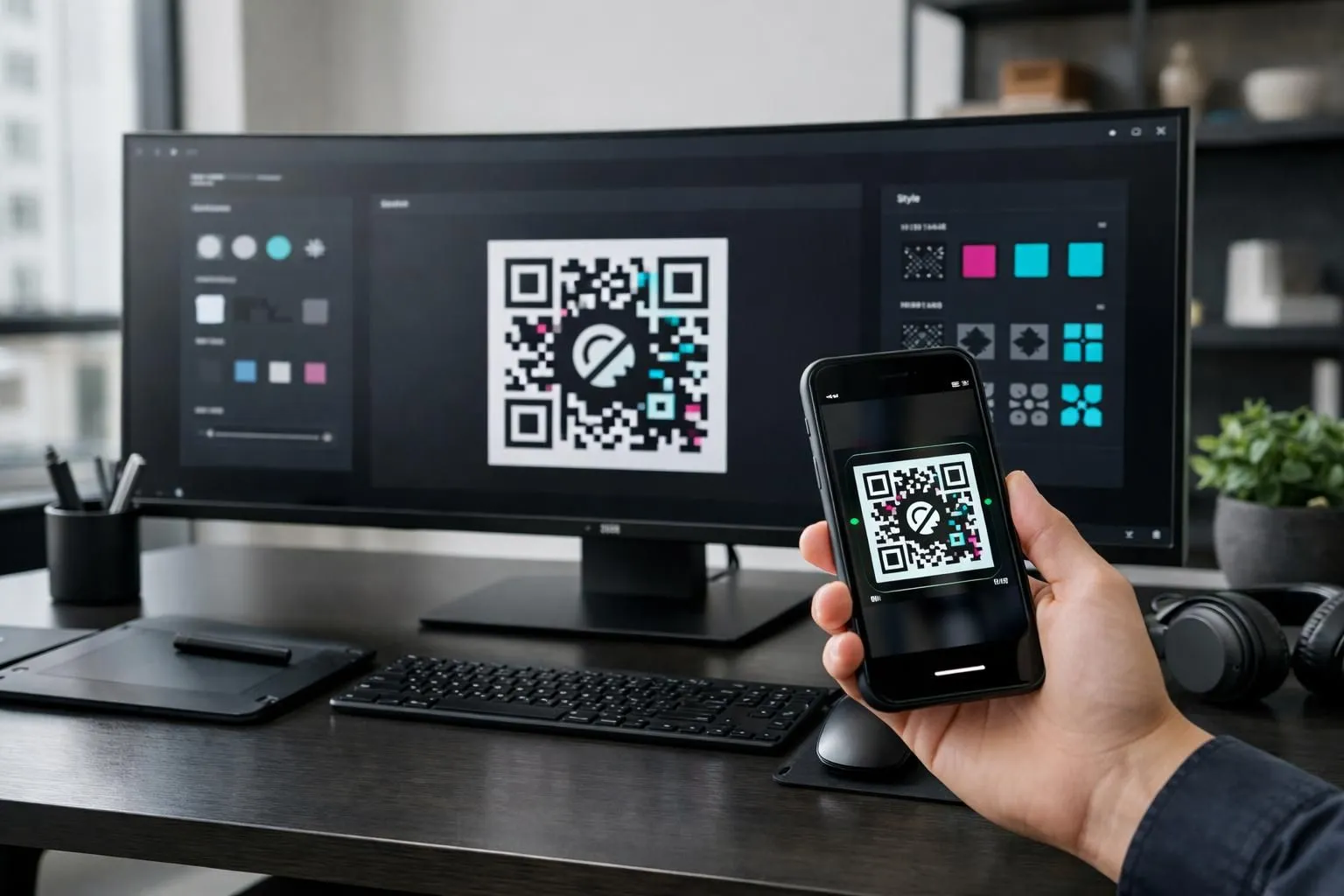 A professional designer's workspace showing a computer screen with a QR code customization interface, displaying color palettes and logo placement options on a desk with a smartphone scanning a branded QR code for contact sharing, natural lighting, clean modern office environment