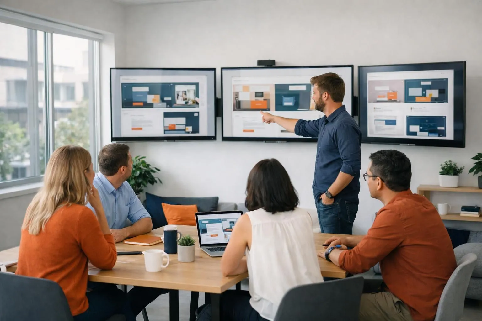 Marketing team reviewing dashboard screens displaying AI-generated landing page variations with real-time conversion metrics and split test analytics in a collaborative workspace for ai landing page builder with a/b testing