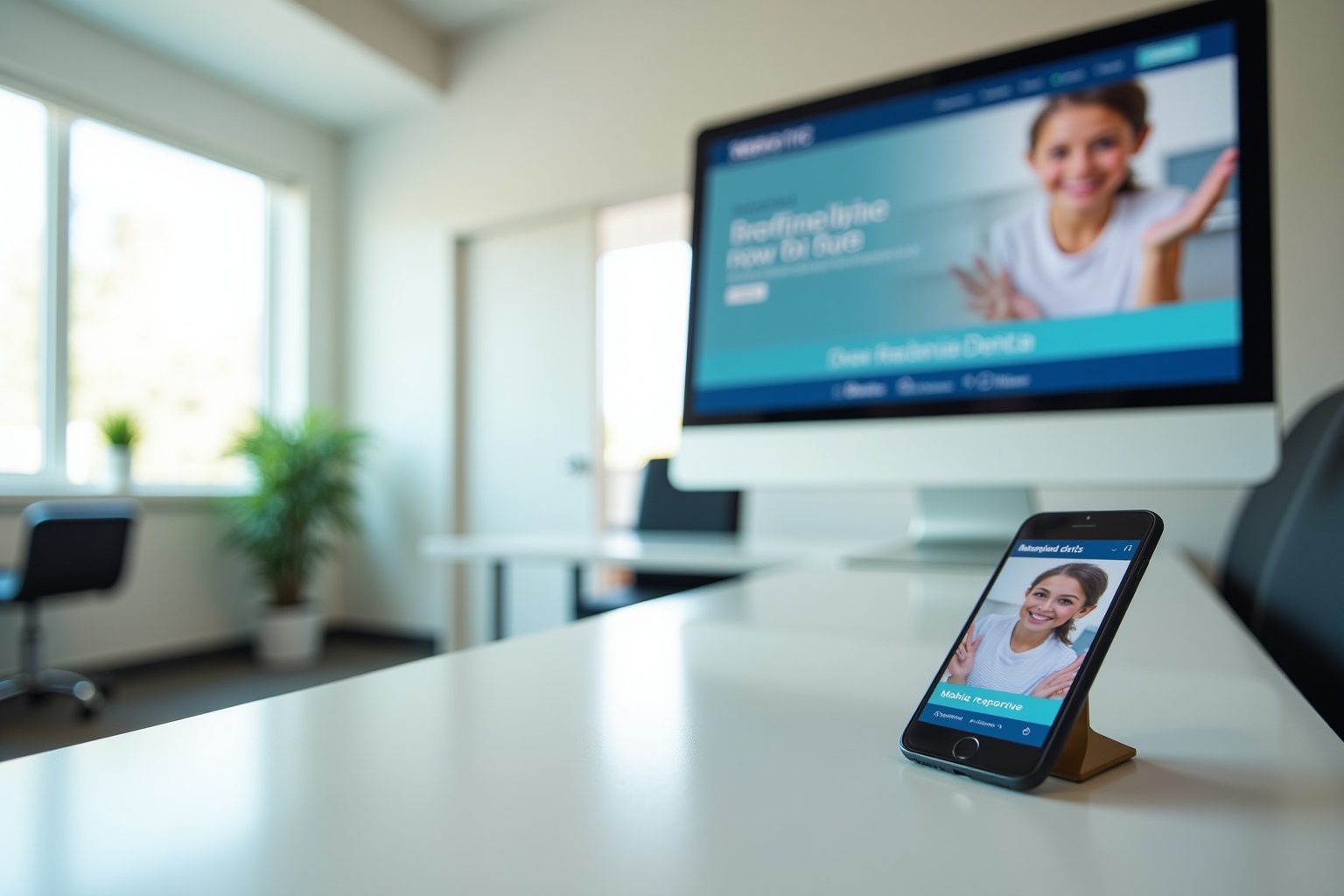A smiling woman on a smartphone screen, with a large display behind it.