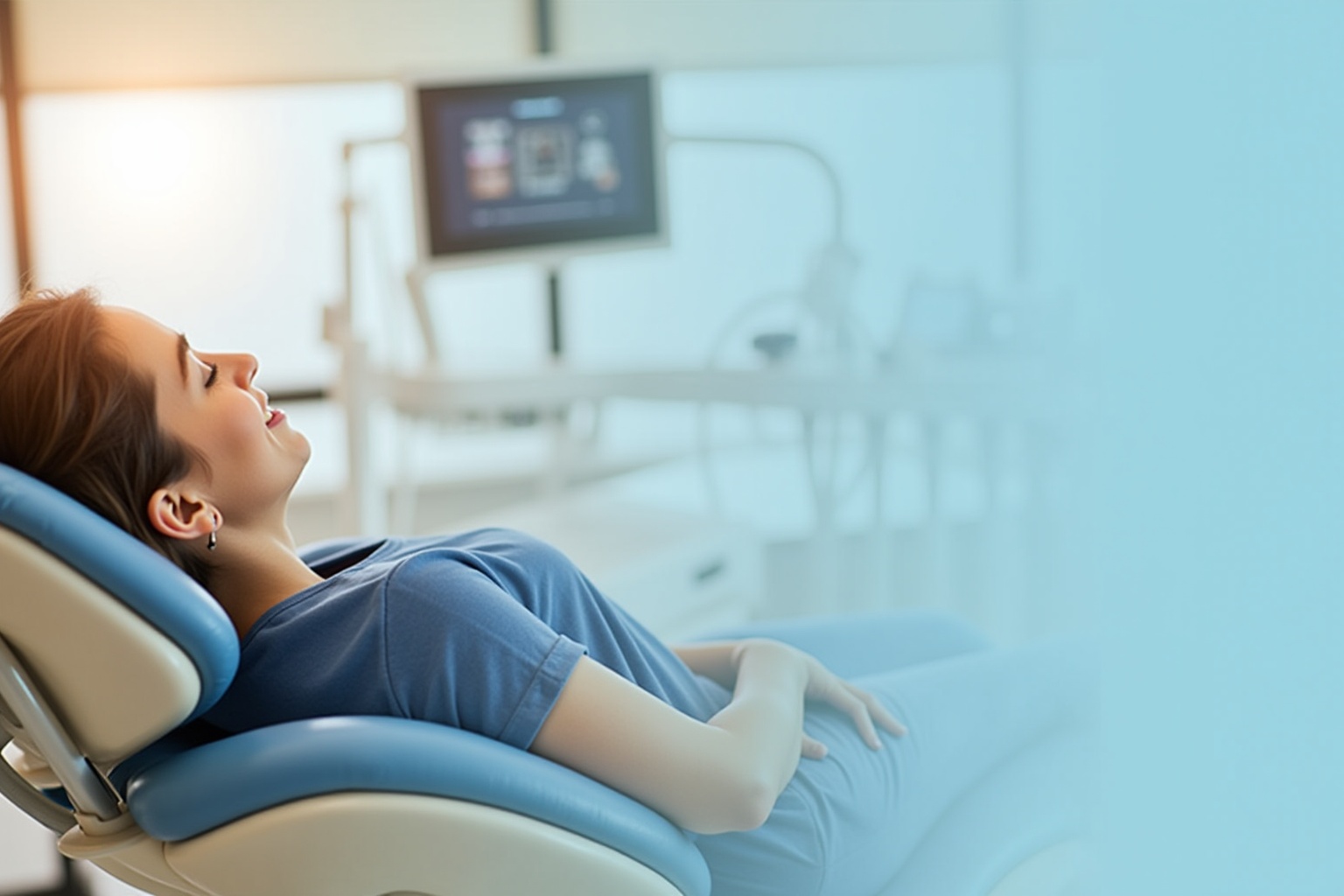 A person resting in a dental examination chair.