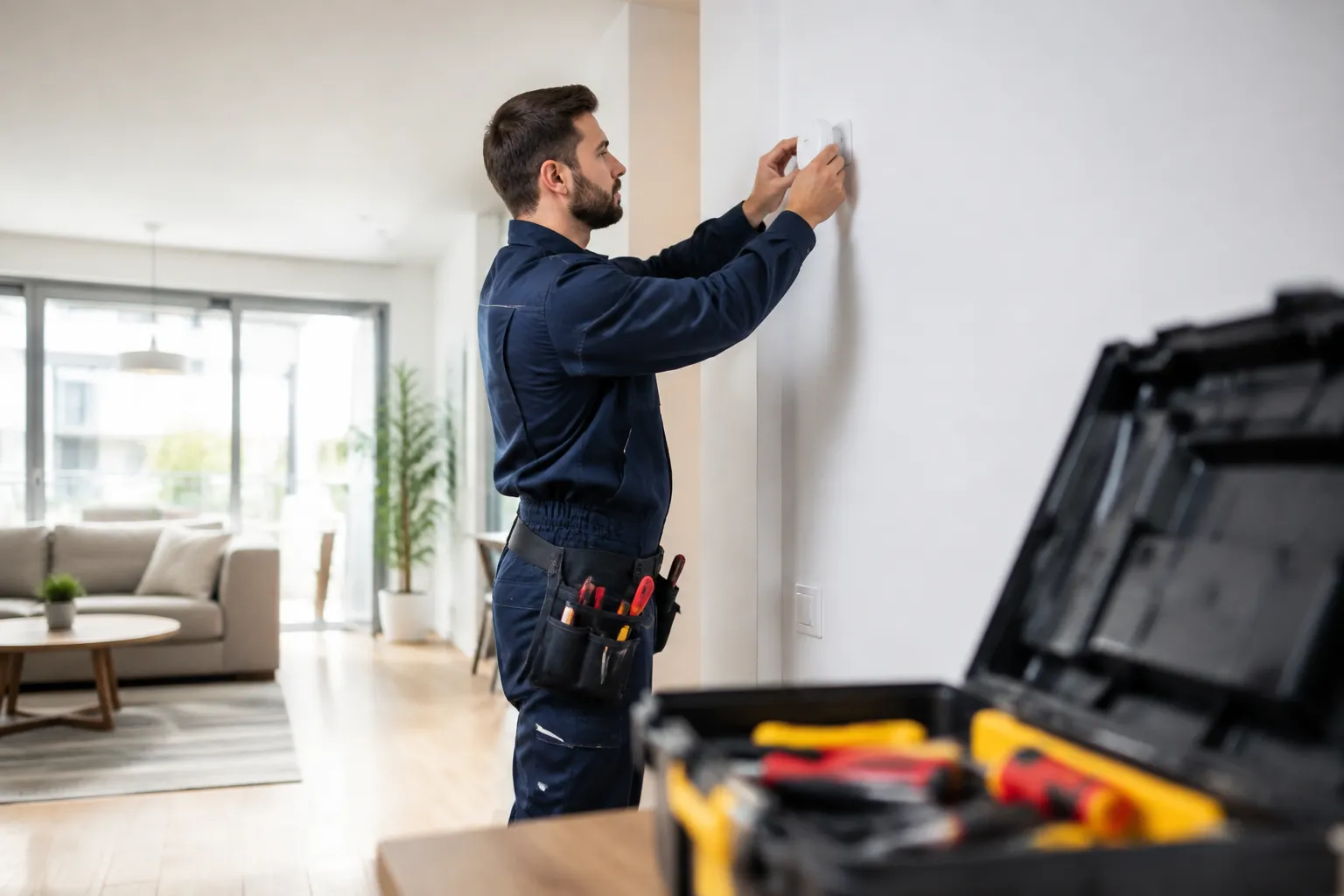 Ouvrier en uniforme installant un équipement électrique sur le mur.