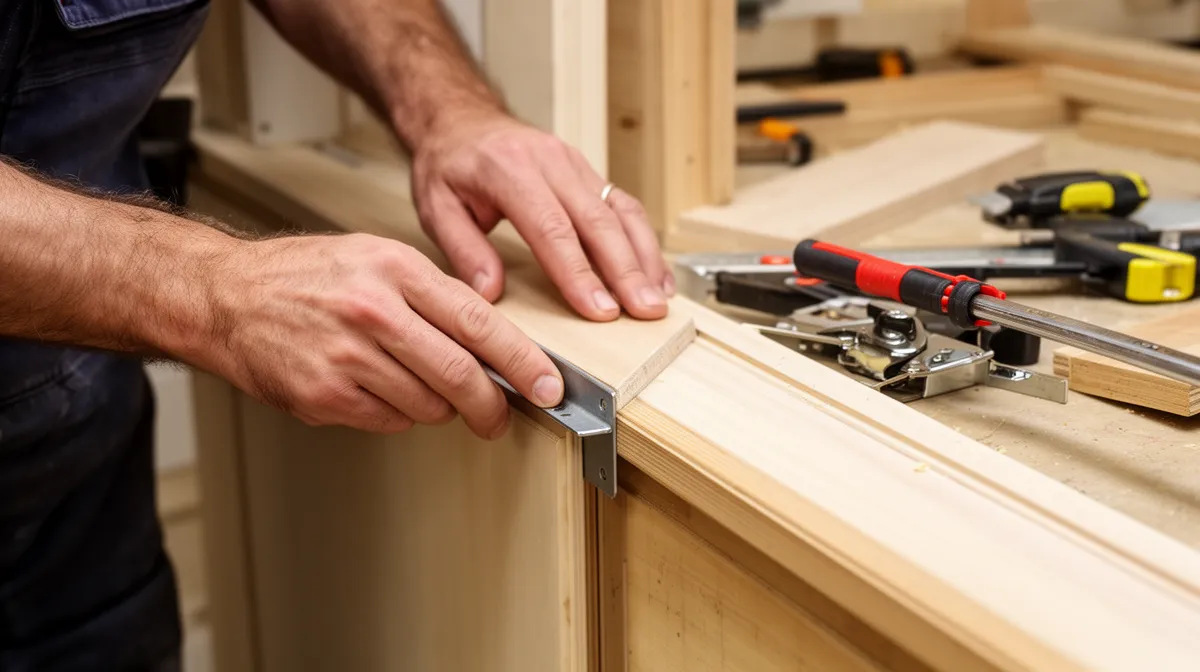 Mains d'un charpentier assemblant des pièces de bois avec des outils.