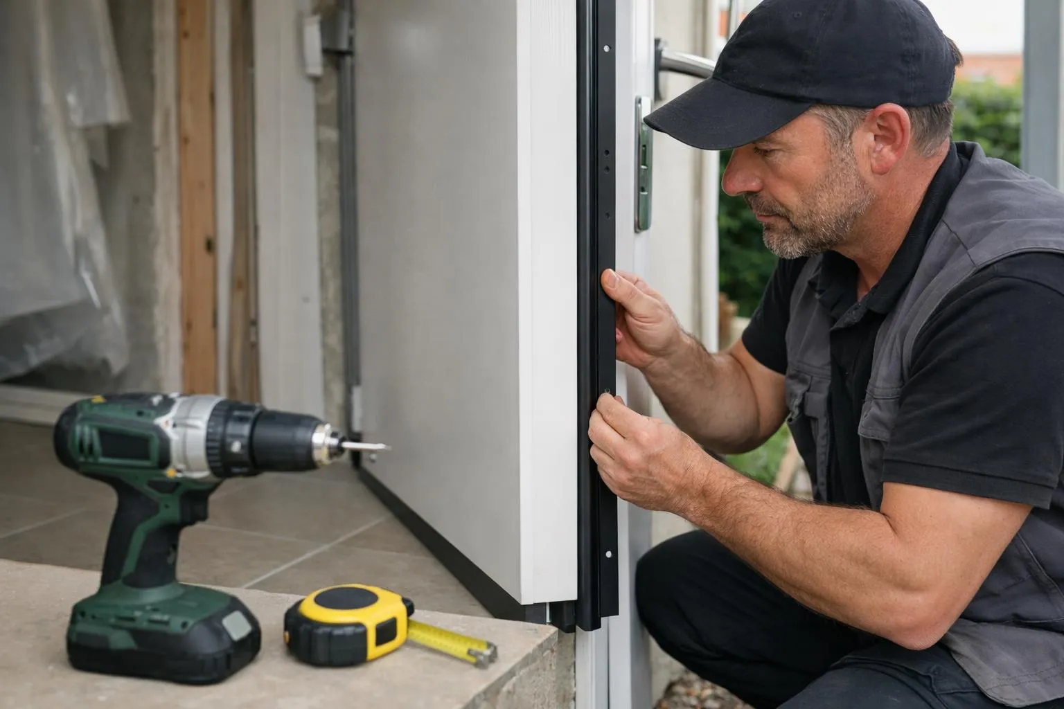Homme installant une porte avec des outils de construction.