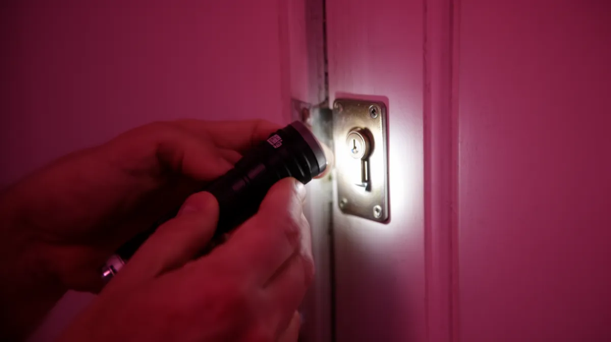 Main tenant une lampe de poche pour ouvrir une porte.