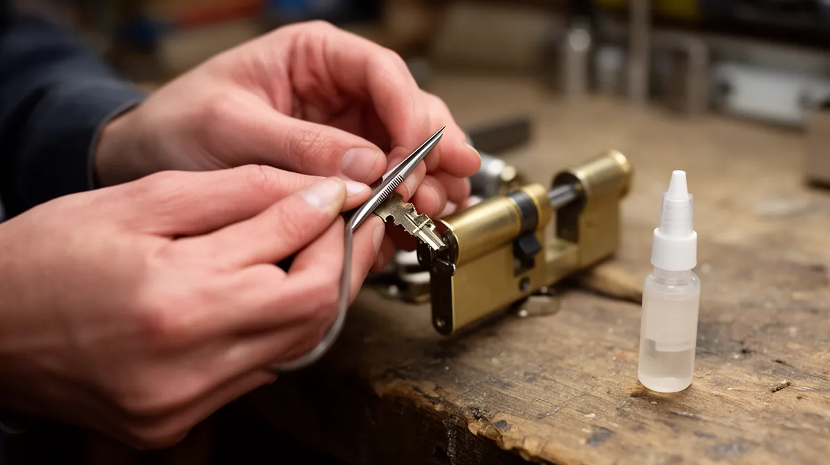 Mains réparant un mécanisme avec des outils sur un établi.