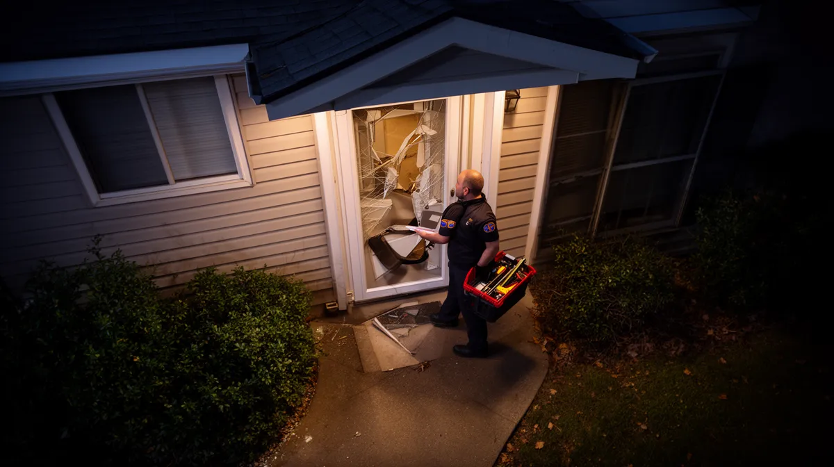 Policier examinant une fenêtre cassée d'une maison la nuit.