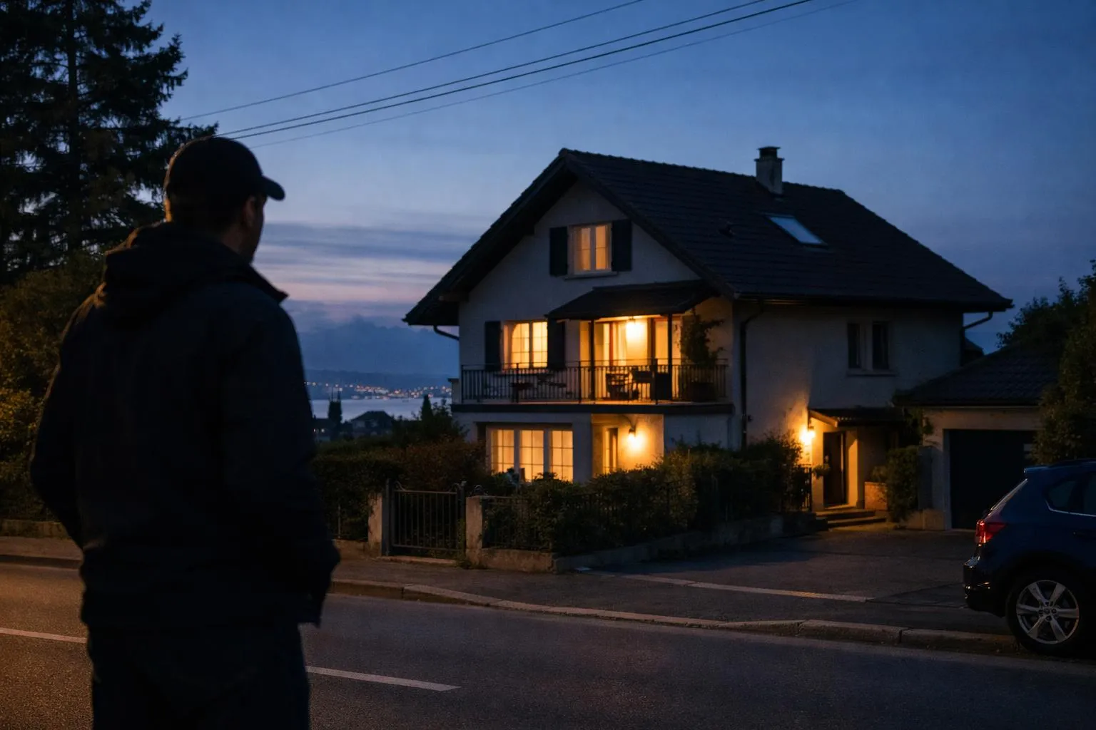 Maison illuminée au crépuscule, avec une personne observant le paysage.