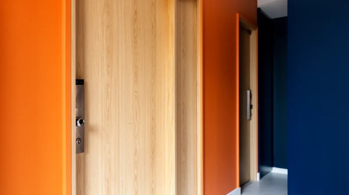 Porte en bois clair avec cadre orange vif.