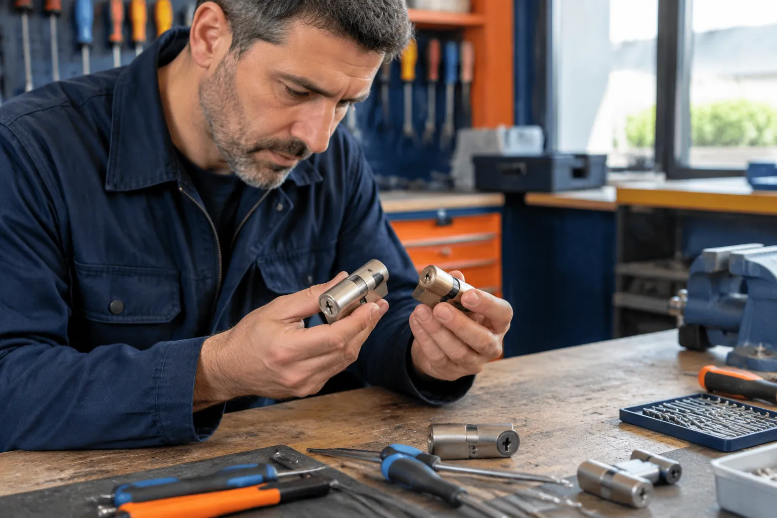 Serrurier examinant deux cylindres de serrure dans son atelier