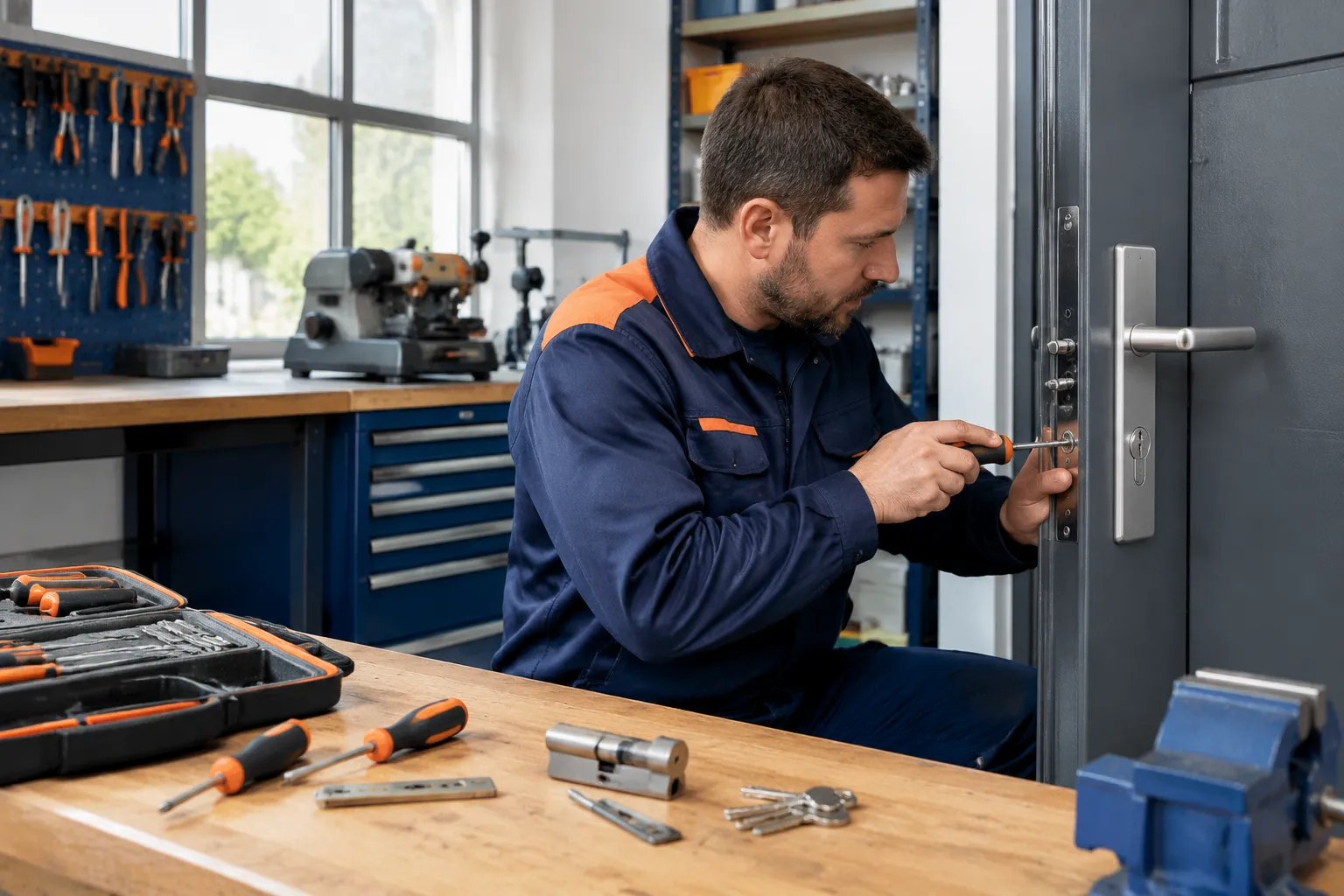 Serrurier installant une serrure sur une porte métallique.