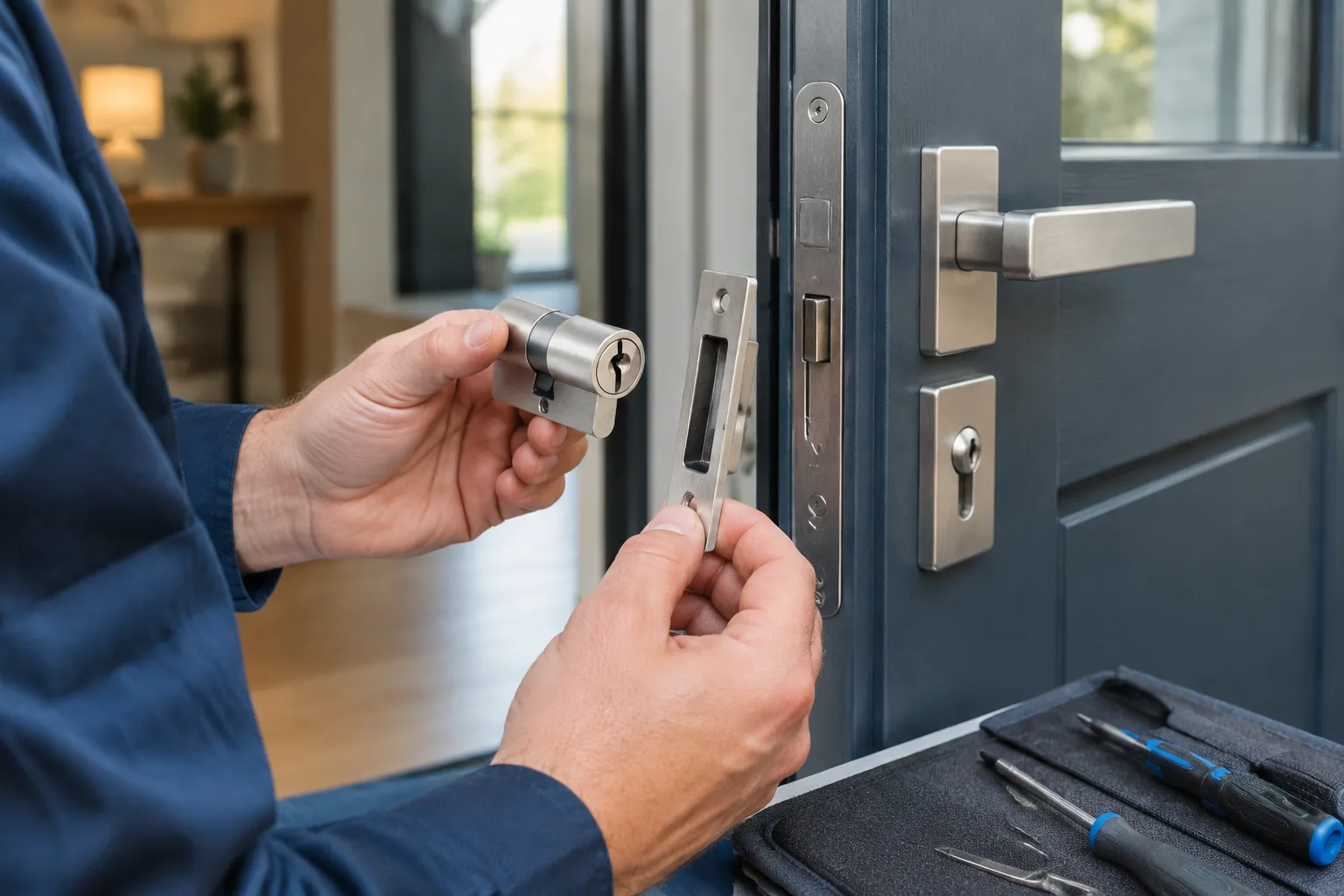 Serrurier remplaçant un cylindre de serrure sur une porte d’entrée