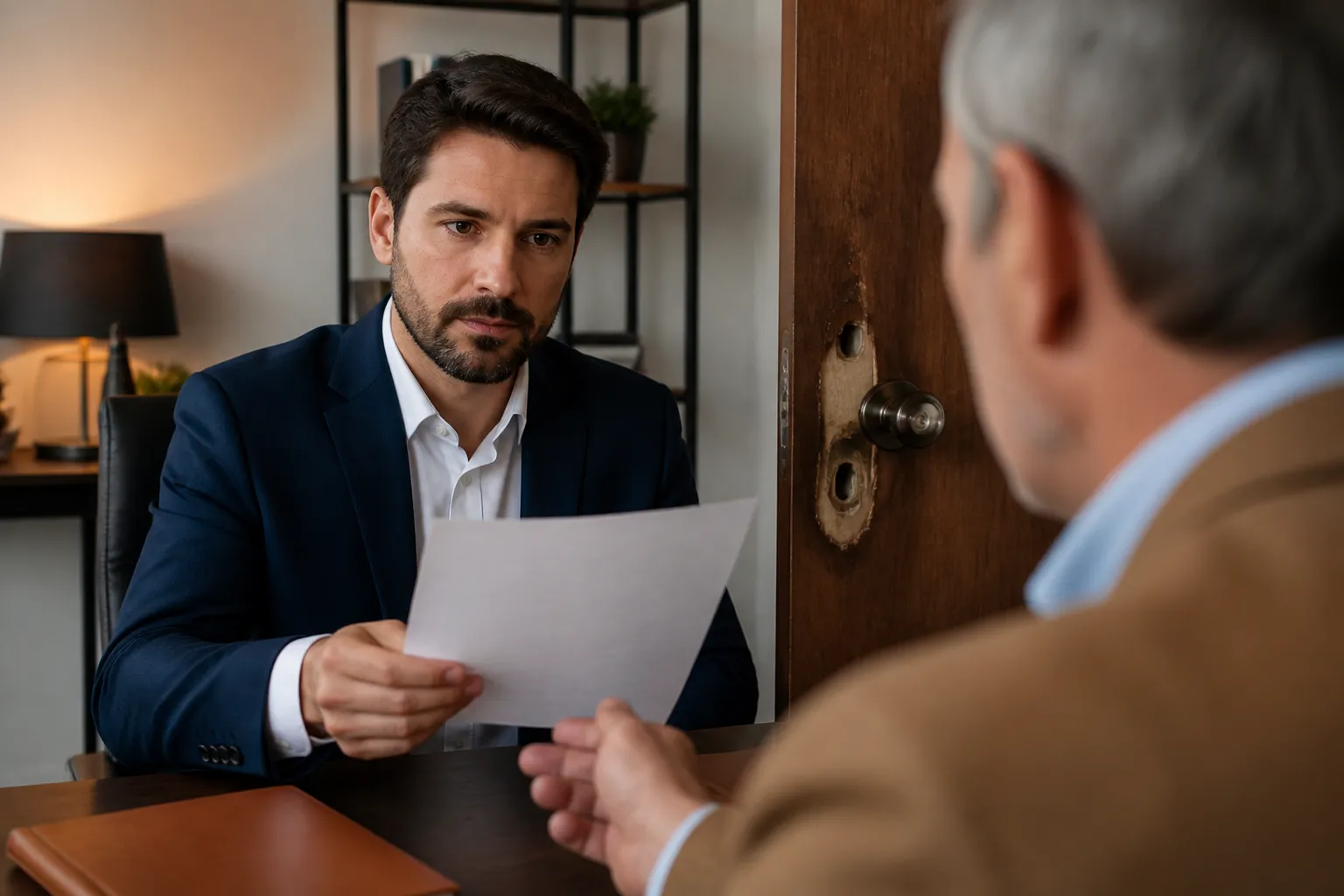 Homme d'affaires en costume examinant un document avec un autre homme.