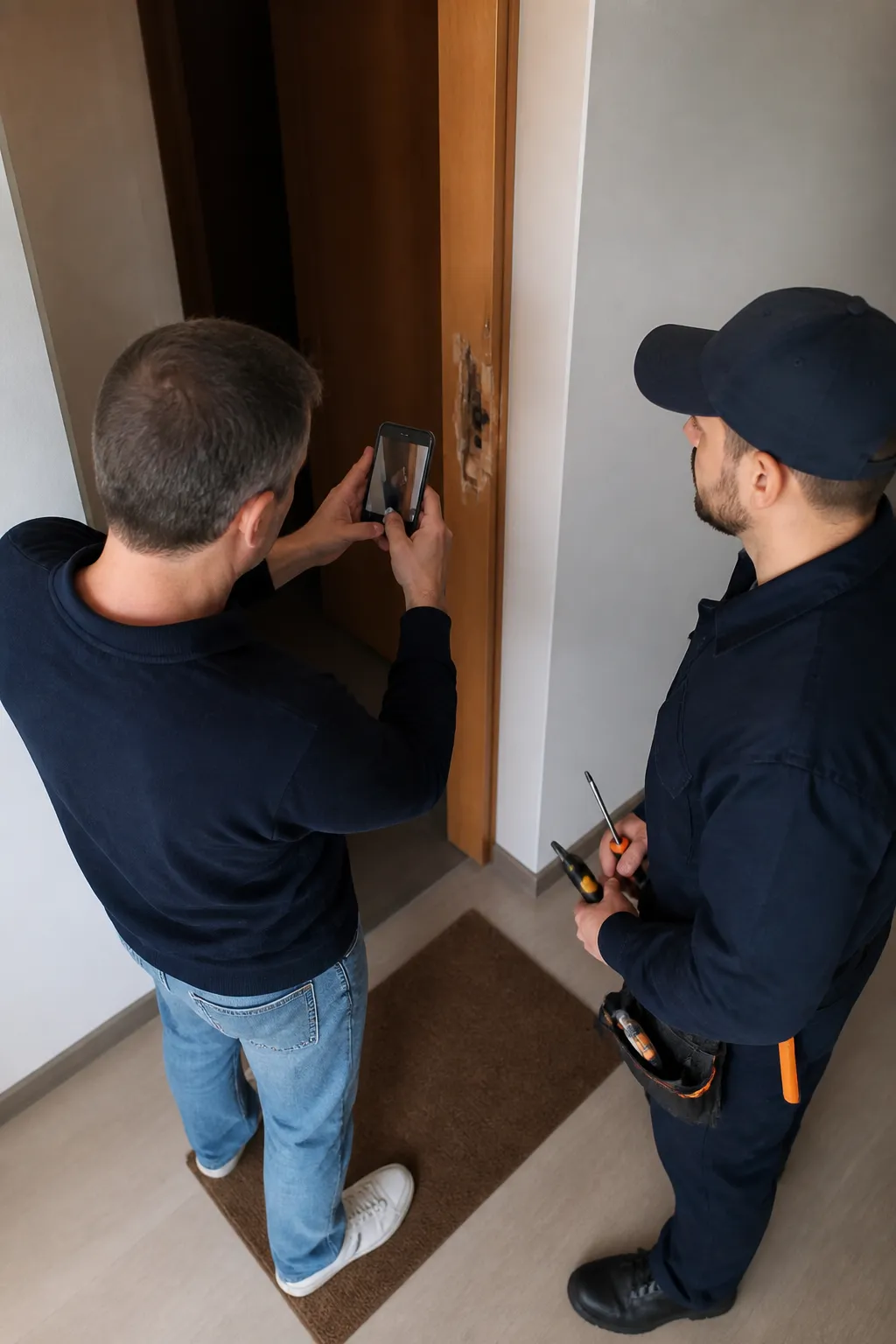 Deux hommes en uniforme inspectent et réparent une porte.