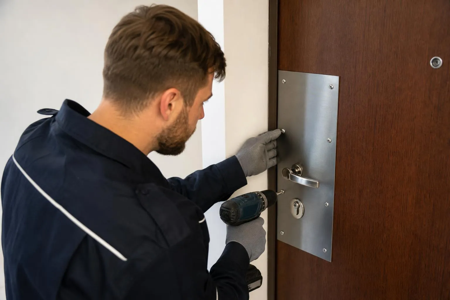 Homme en costume installant un système de sécurité sur une porte.