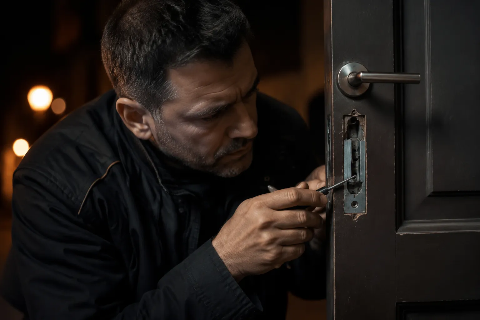 Homme en costume noir forçant une serrure de porte.