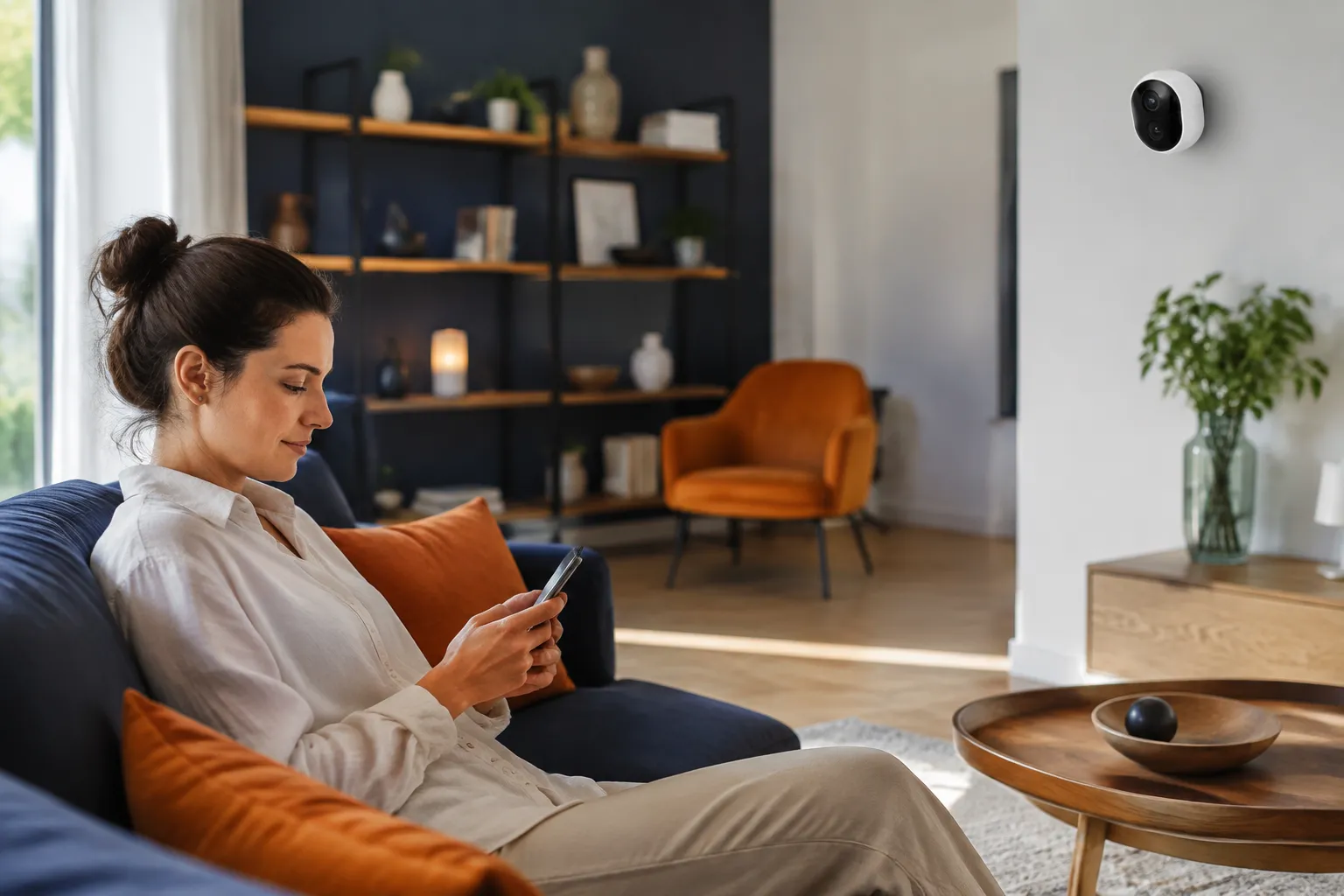 Femme assise sur un canapé, utilisant un smartphone dans un salon moderne.