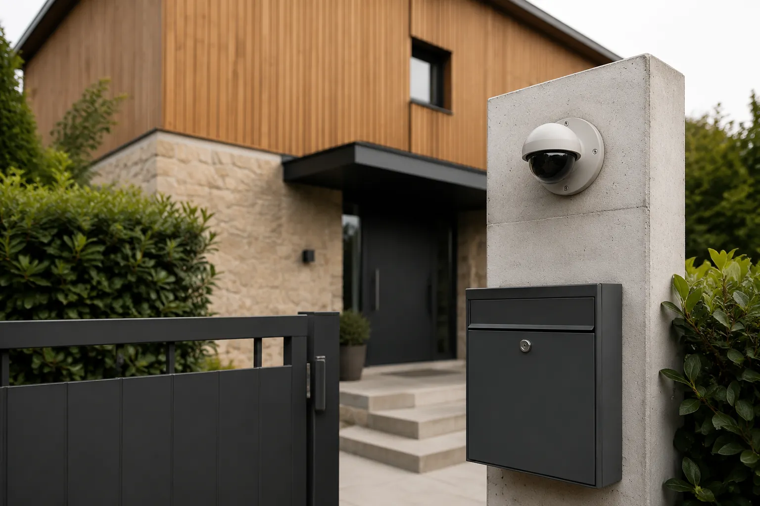 Maison moderne en bois avec caméra de sécurité et boîte aux lettres.
