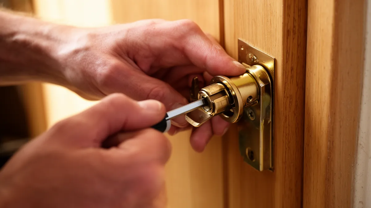 Mains installant une serrure de porte en métal doré.