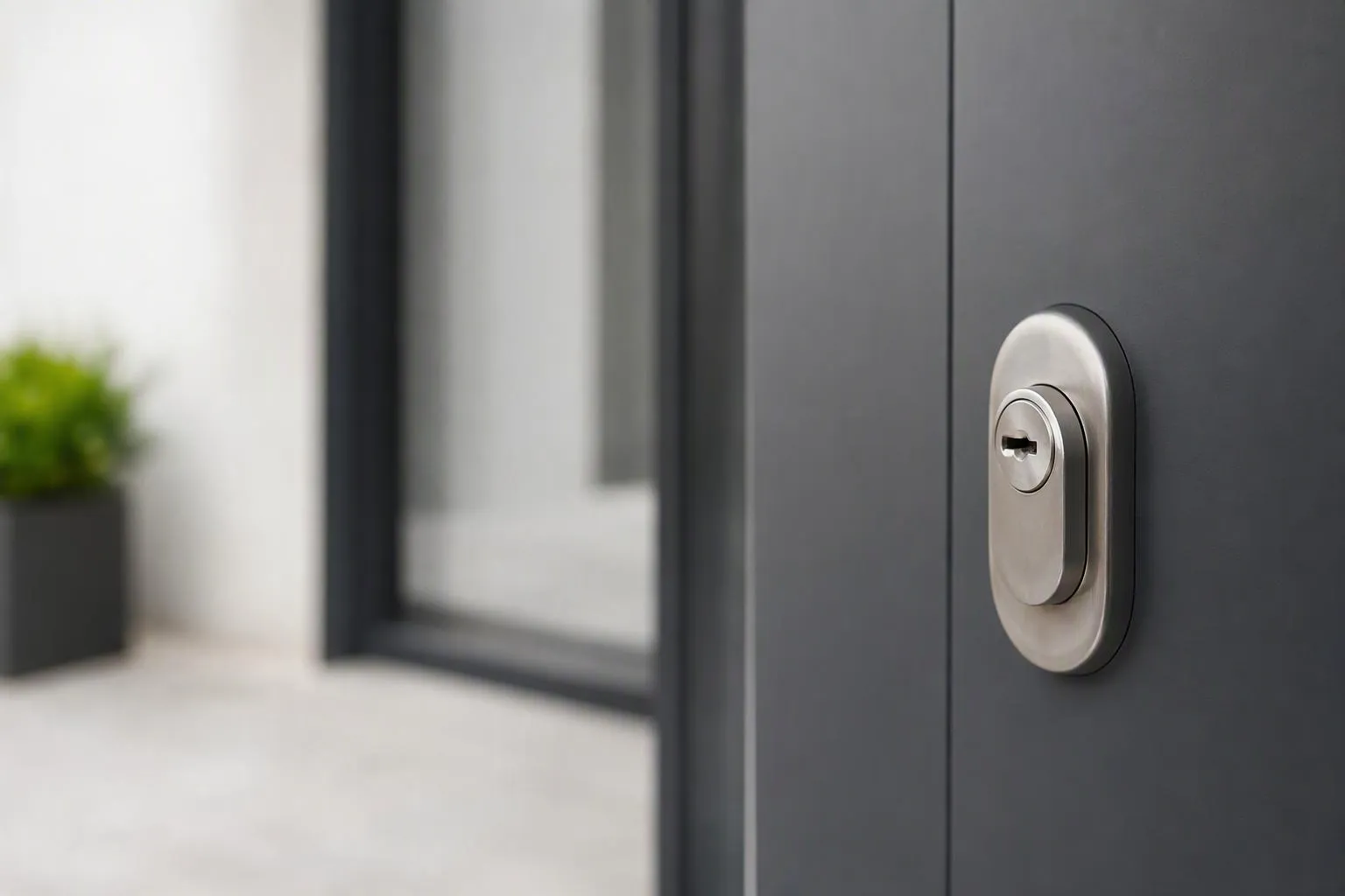 Porte grise avec serrure en métal brillant.