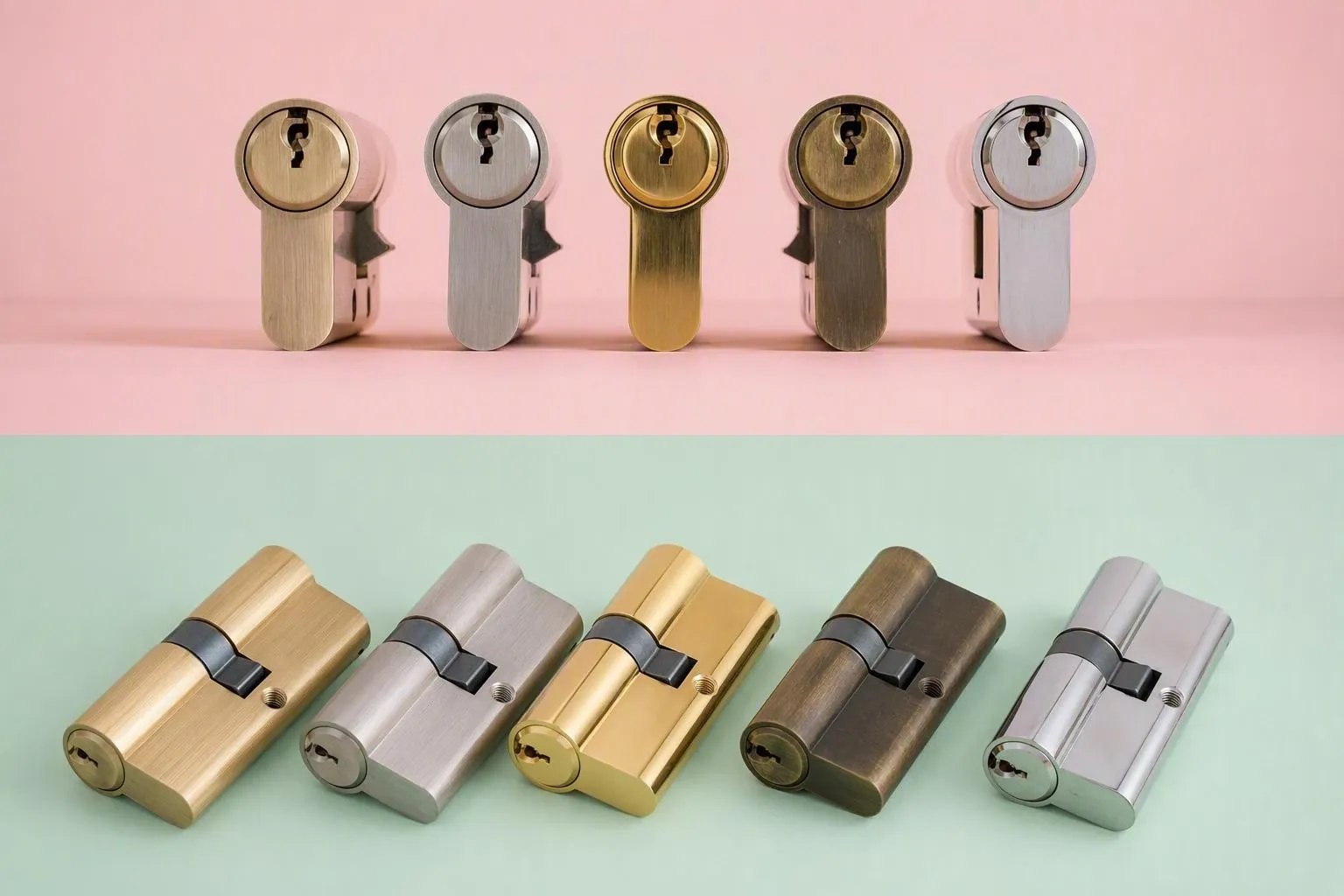 Cylindres de serrure en métal de différentes couleurs et finitions.