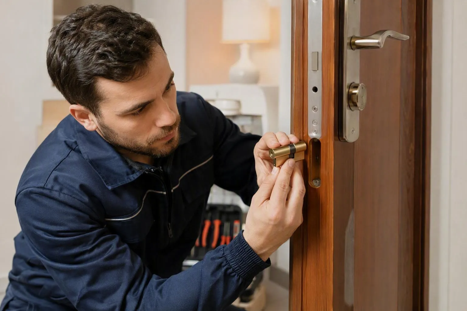 Homme en uniforme bleu réparant une serrure de porte en bois.