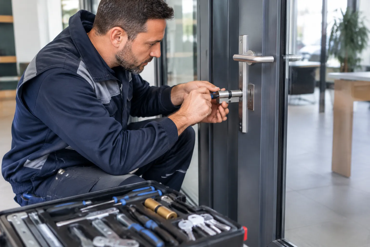 Serrurier réparant la serrure d’une porte vitrée avec ses outils