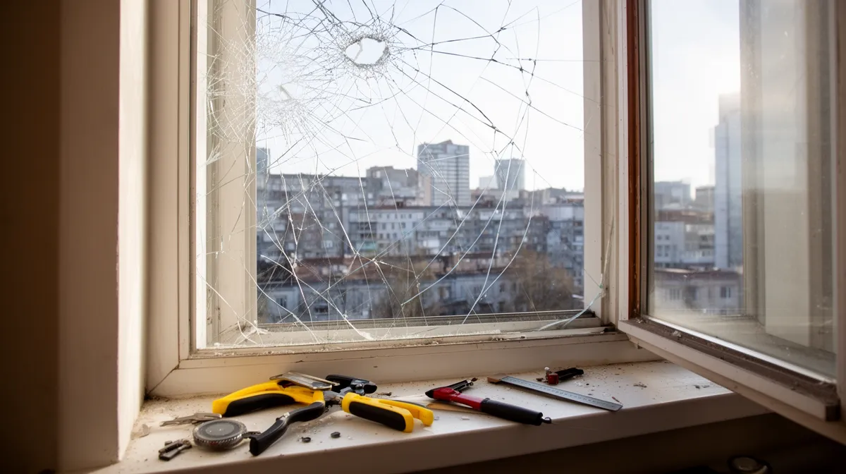 Fenêtre cassée avec outils de réparation sur le rebord.