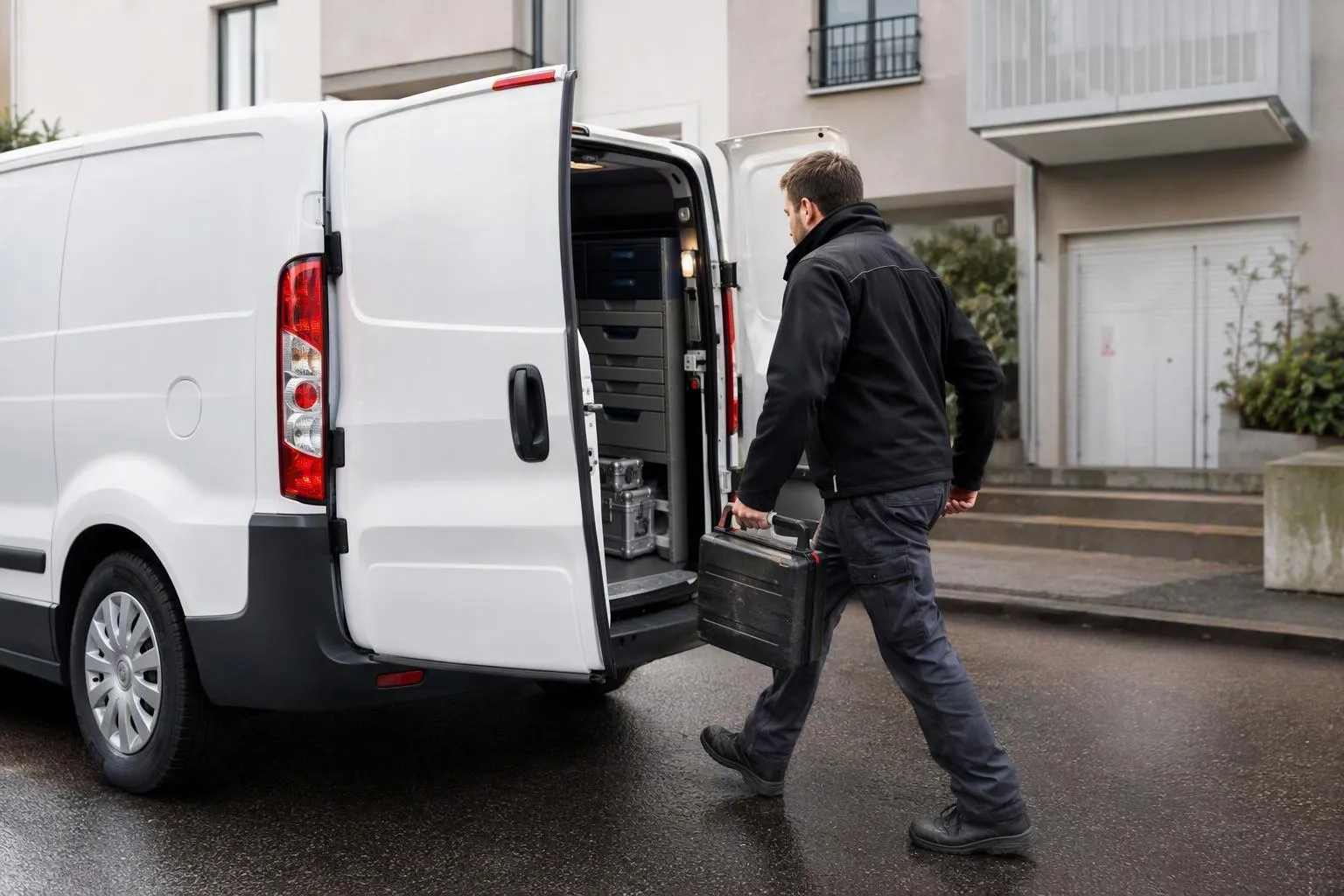 Homme chargeant un véhicule utilitaire avec des outils.