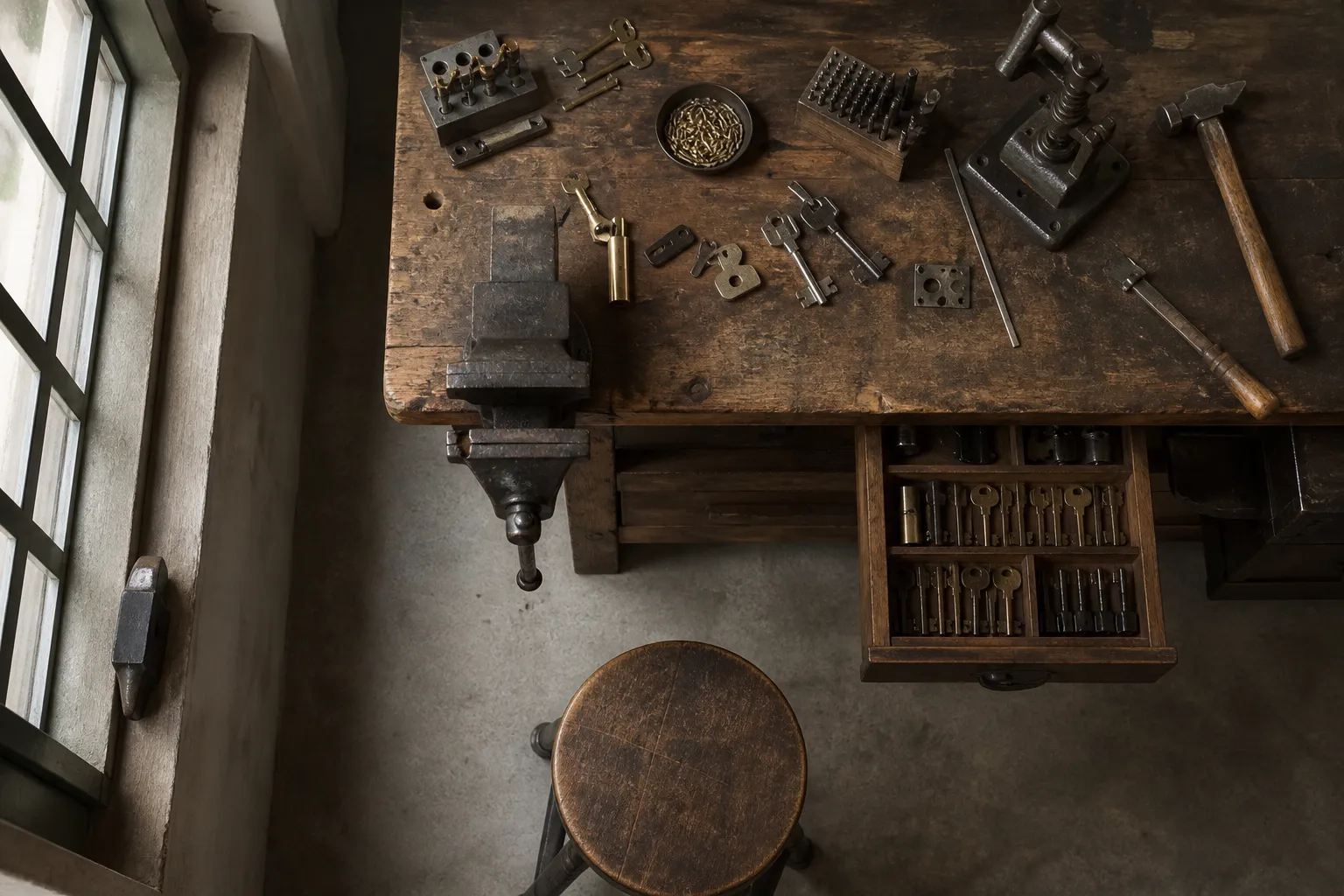 Atelier de travail artisanal avec outils et équipements vintage.