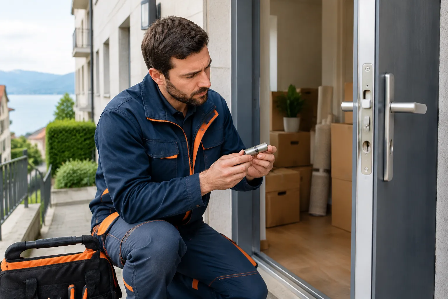 Serrurier inspectant un cylindre près d’une porte ouverte.